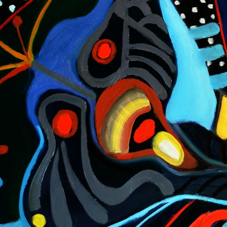 'Deep Sea' by Rolando Duartes is an exclusive contemporary abstract art piece. Black expressionist acrylic and oil painting on canvas has unusual size and lots of colorful figurative elements, patterns, shapes, and forms. It is a true representation