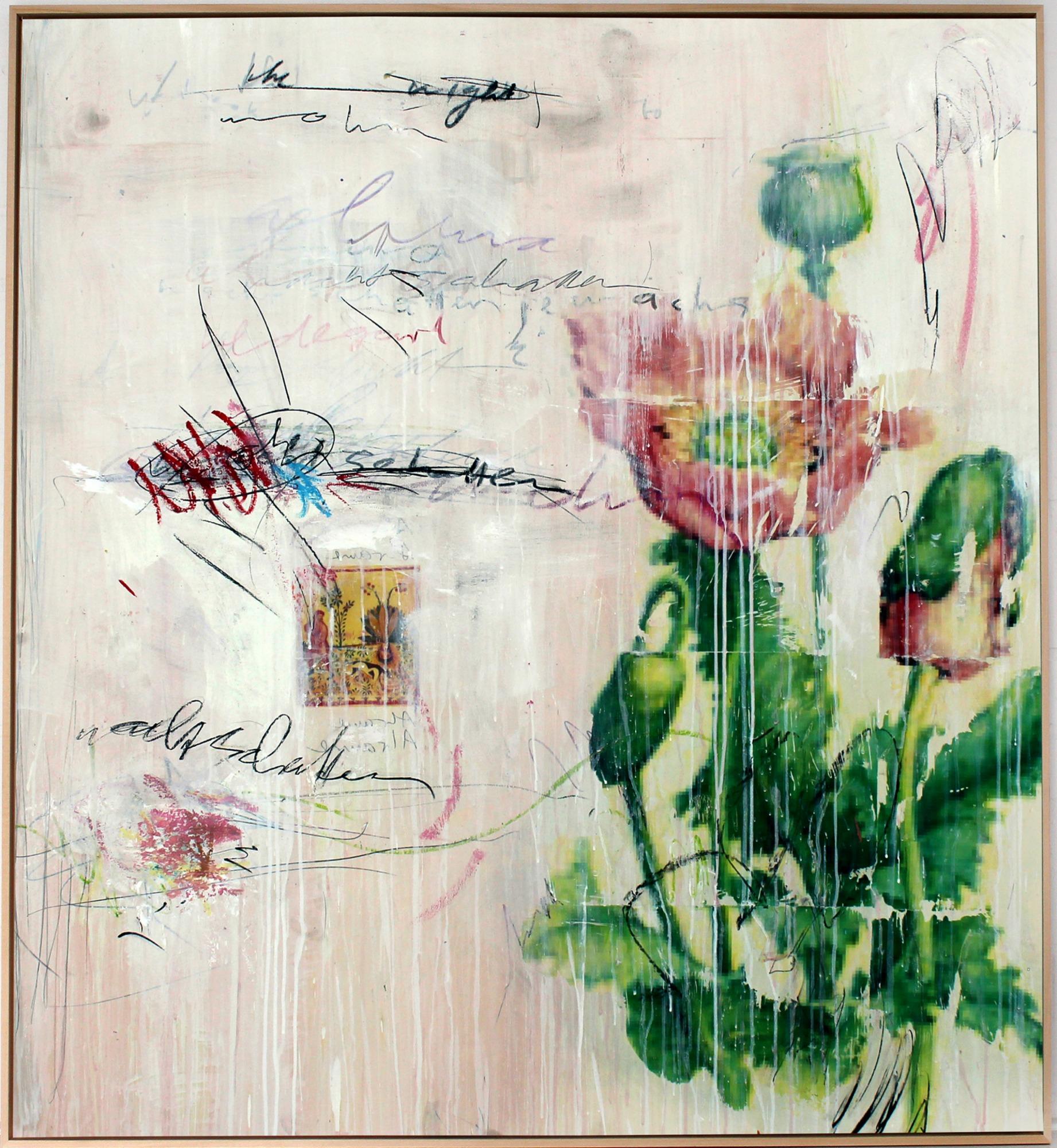'Alcuna' abstract mixed-media on wood by Stefan Heyer: oil, photo-transfer, oil stick, crayon, pencil on wood

'Alcuna' is a mixed-media art piece by Stefan Heyer. Despite its wild nature, the mood of the collage is very soft and romantic. With