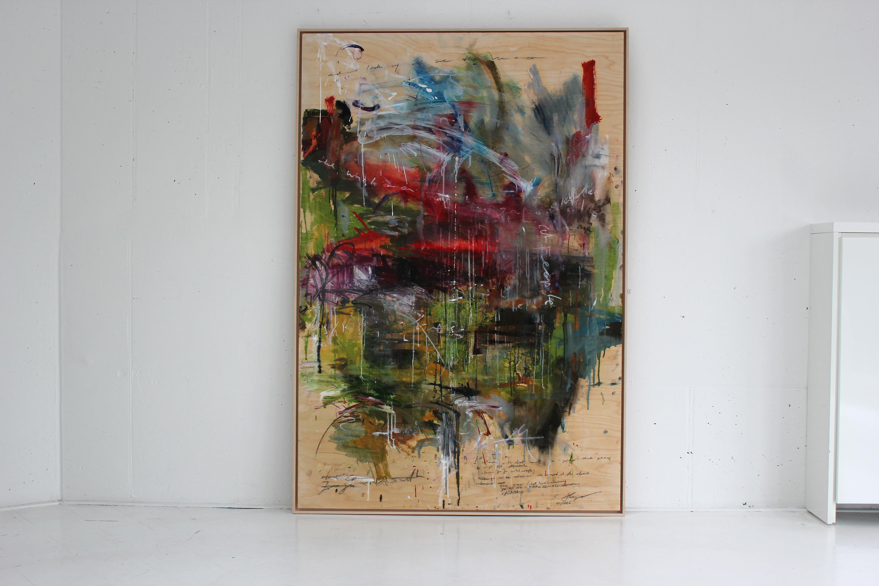 'Falling Water' abstract collage of a landscape by Stefan Heyer.
Mixed-media on wood: oil, photo-transfer, oil stick, crayon, pencil on wood

'Falling Water' is a special piece by the artist. Negative space takes a big share of the entire collage