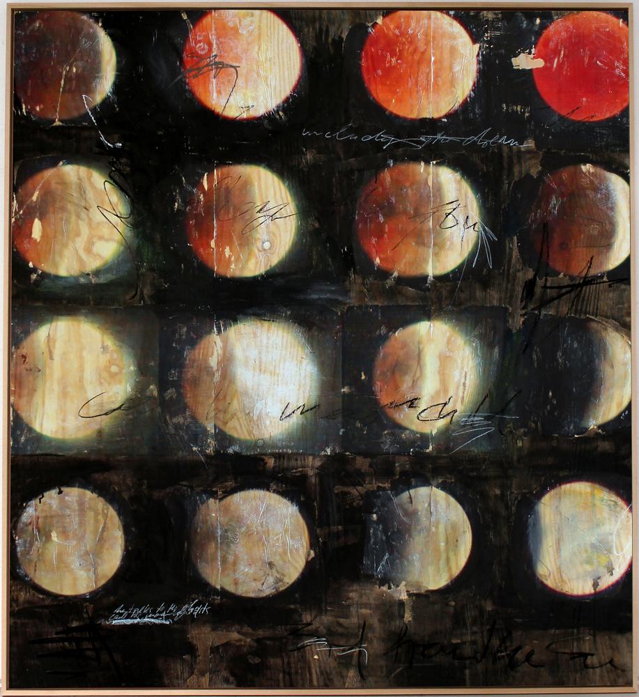 'Moonchild' abstract mixed-media on wood by Stefan Heyer: oil, photo-transfer, oil stick, crayon, pencil on wood

'Moonchild' is a more visually balanced work in the artist's portfolio. The symmetry of planets, their circular shape and order leave