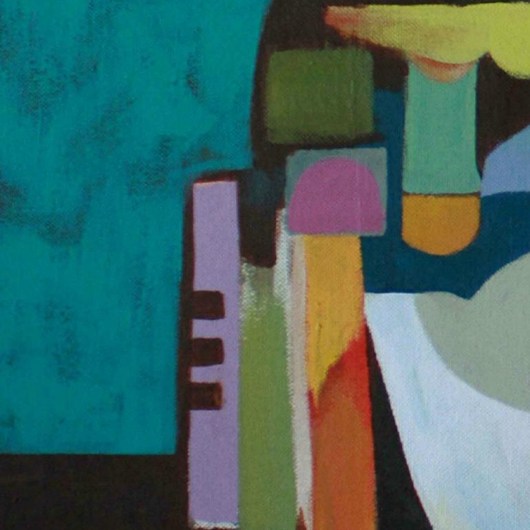 'Confidence' is a bright contemporary abstract oil painting on canvas by Lebanese artist - Janet Hagopian. Expressionist style of the art piece, its graphic geometric pattern and vibrant green color aesthetic get attention in any room and complement