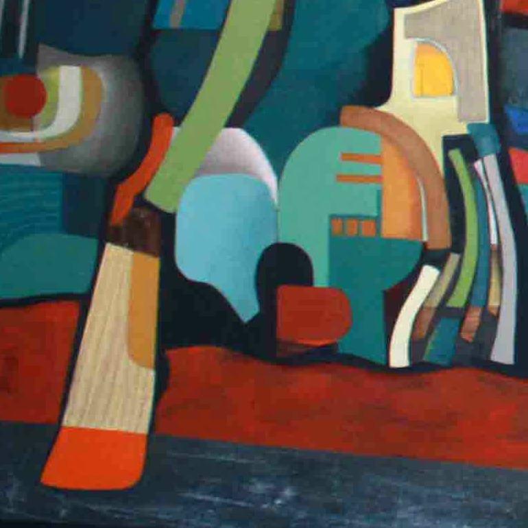'Homeless' is a vibrant contemporary abstract oil painting on canvas by Lebanese artist - Janet Hagopian. Expressionist style of the art piece, its graphic geometric pattern and strong red and blue color aesthetic get attention in any room and