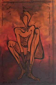 Waiting, Contemporary Abstract Painting Brown Red Black Woman Portrait Graphic
