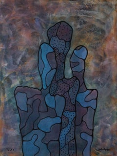 Careful Optimism, Contemporary Abstract Art Painting Canvas Portrait Blue Purple