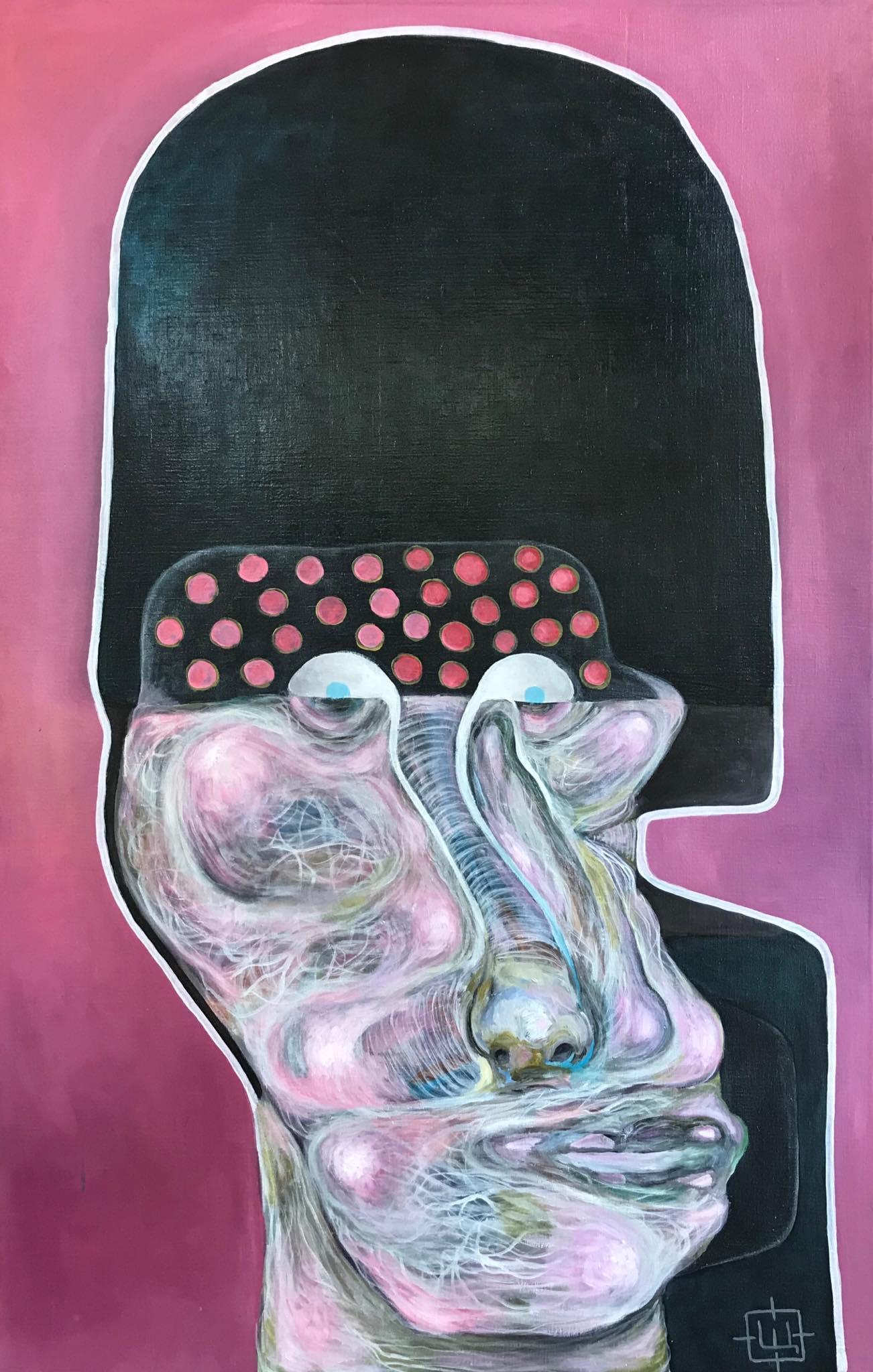 Luminous 30" von Sergey Morshch ist ein zeitgenössisches abstraktes Ölgemälde, das die Themen Identität, persönliches Wachstum und die Kraft der menschlichen Energie aufgreift. Wunderschönes rosafarbenes surrealistisches Porträt für eine persönliche