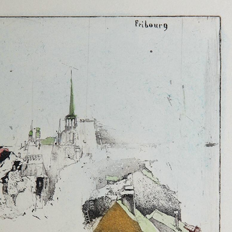 'Fribourg' by Alexander Befelein - beautiful contemporary limited edition print of the German city architecture. A graphic miniature etching has many layers of details - it's the best choice for small interiors. The print looks like a drawing, with