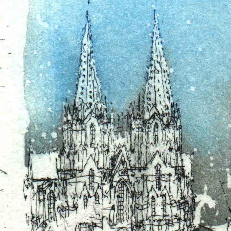 'Koln, St Martin' by Alexander Befelein - beautiful contemporary limited edition print of the German city architecture. A graphic miniature etching has many layers of details - it's the best choice for small interiors. The print looks like a