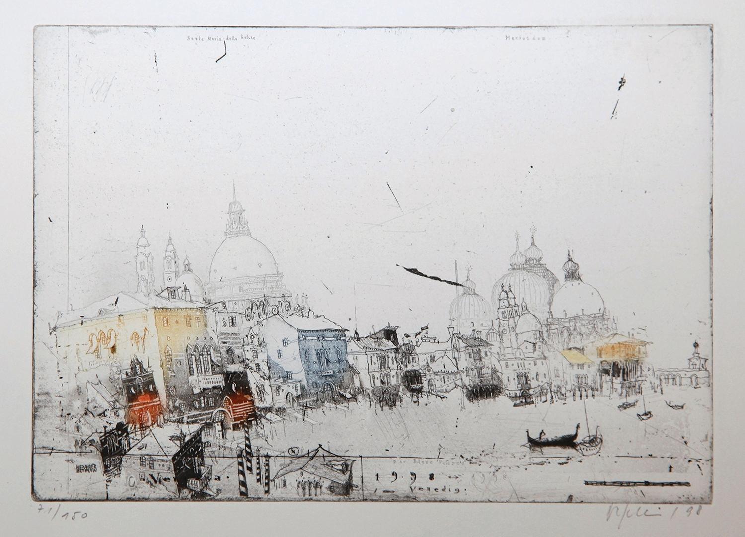 'Venezia' by Alexander Befelein - beautiful contemporary limited edition print of the Italian city architecture. A graphic miniature etching has many layers of details - it's the best choice for small interiors. The print looks like a drawing, with