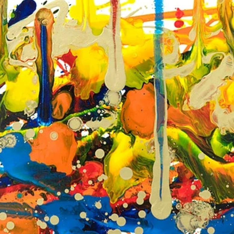 Cross-section of the moment 1-2018 is a vibrant contemporary abstract expressionist art by South Korean artist, Seungyoon Choi. It is a large oil painting on canvas with a strong yellow and red color aesthetic and expressive brush strokes. A dynamic