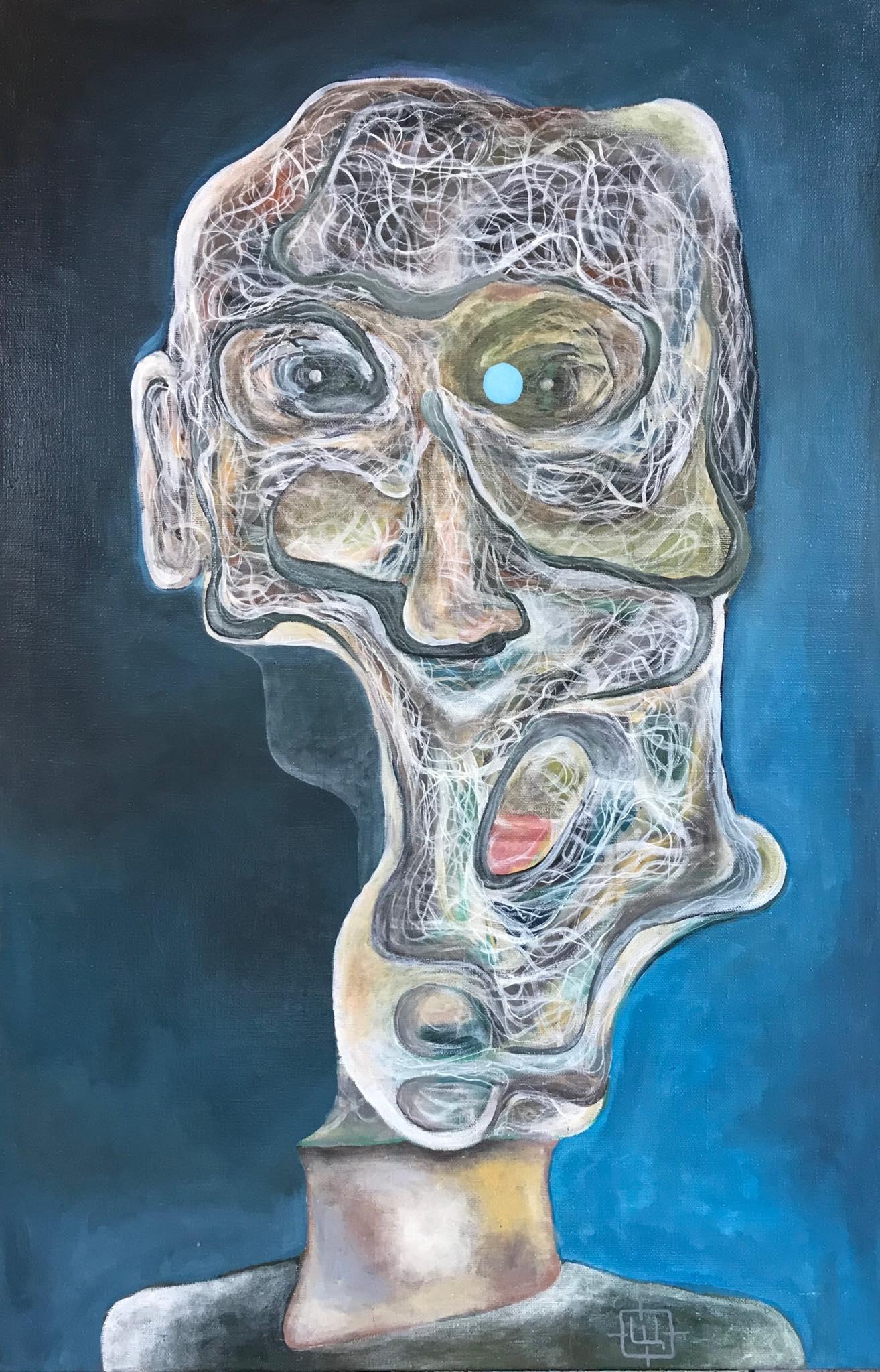 'Luminous 51' by Sergey Morshch is a blue abstract figurative oil painting. Inspired by the ideas of spiritual connection through energy fields, the artist creates surrealist portraits without any emphasis on physical features or appearance.