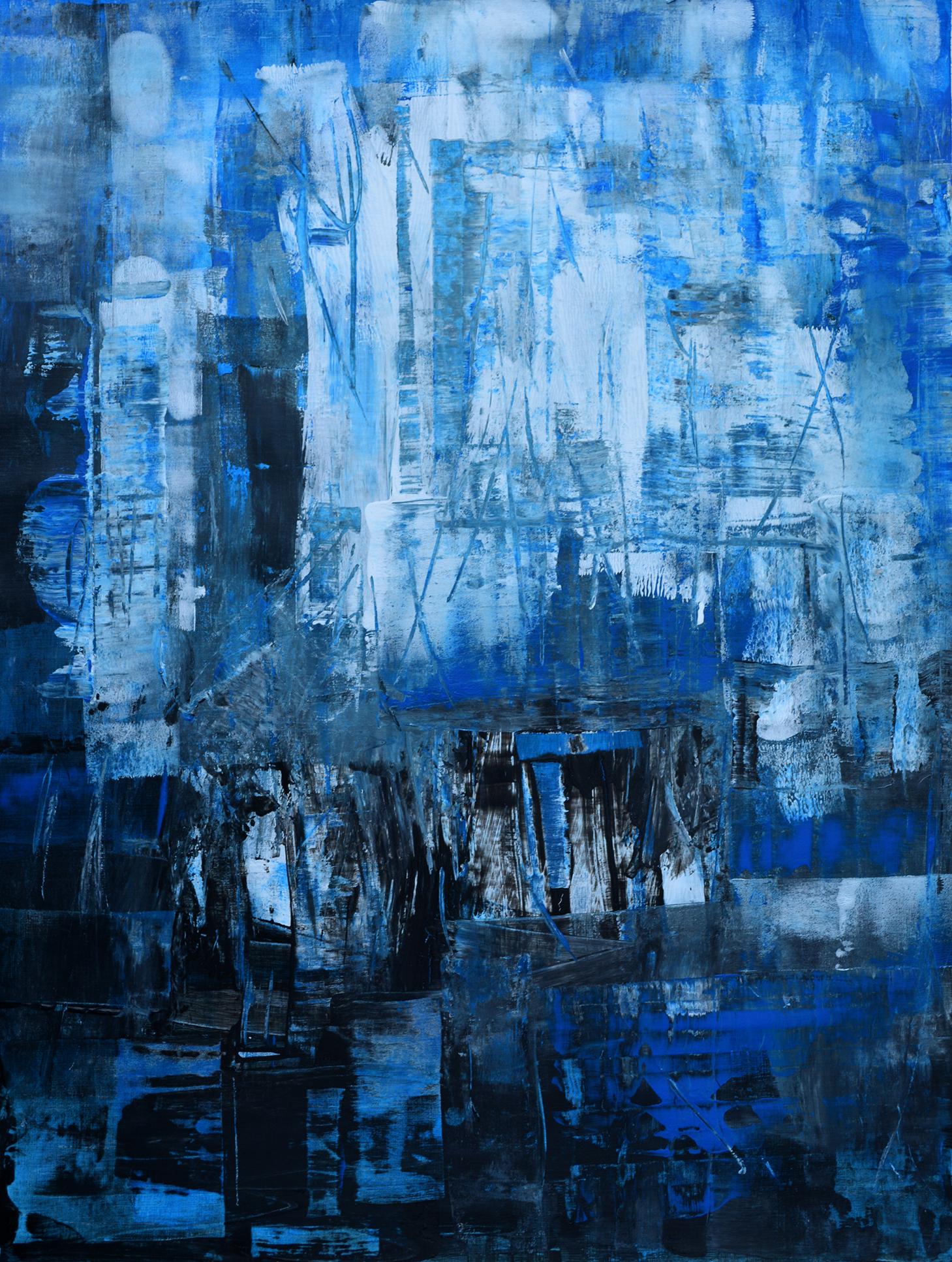 Rolando Duartes Landscape Painting - Cityscape, Blue Contemporary Abstract Acrylic Charcoal Painting Board Landscape