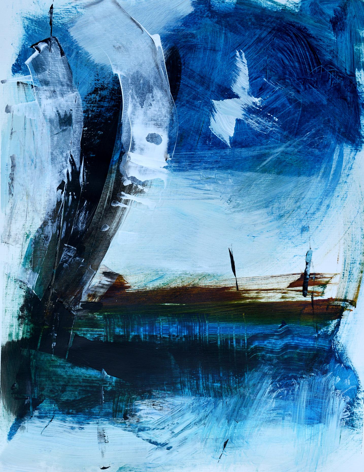 Rolando Duartes Abstract Painting - Harbor, Contemporary Abstract Charcoal Painting Board Blue Expressionist Boat
