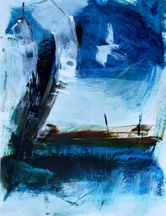 Harbor, Contemporary Abstract Charcoal Painting Board Blue Expressionist Boat