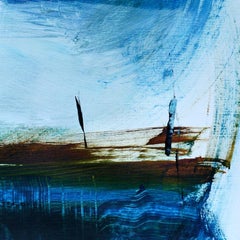 Harbor, Contemporary Abstract Charcoal Painting Board Blue Expressionist Boat