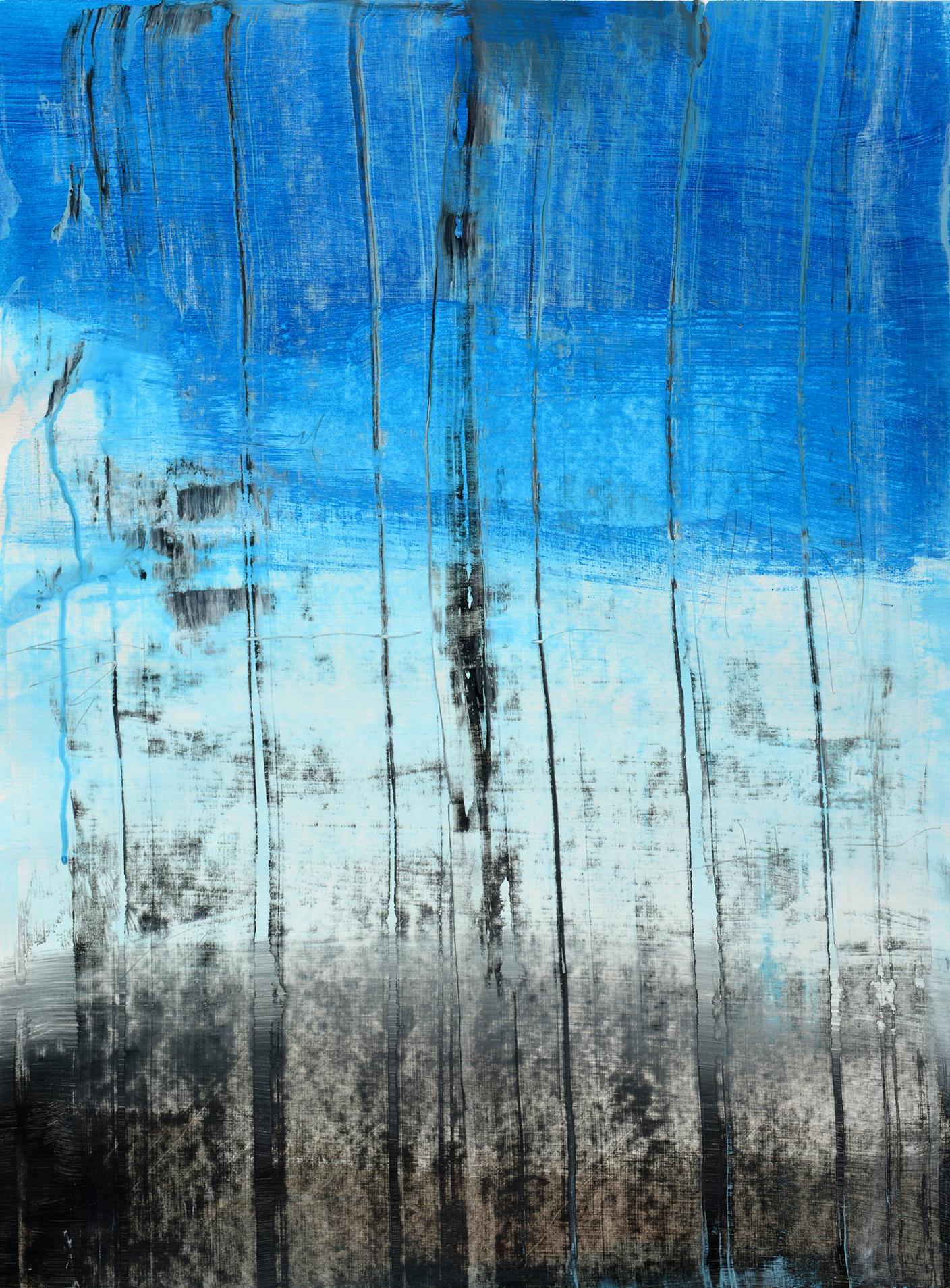 Rolando Duartes Landscape Painting - Tale, Contemporary Abstract Art Acrylic Charcoal Painting Board Blue Landscape