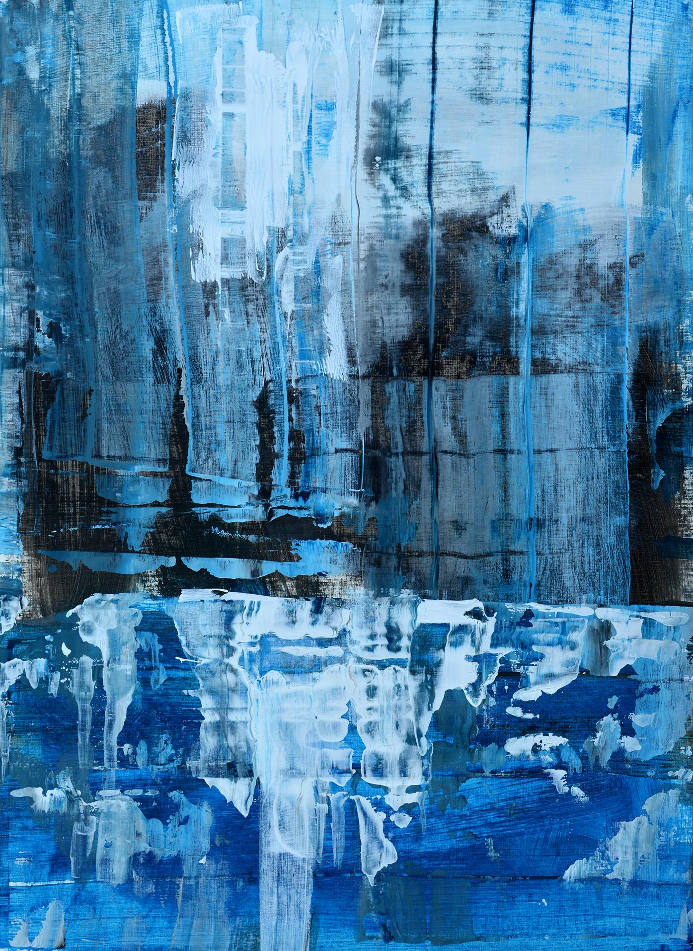 Rolando Duartes Landscape Painting - Winter Reflections, Contemporary Abstract Acrylic Charcoal Painting Board Blue