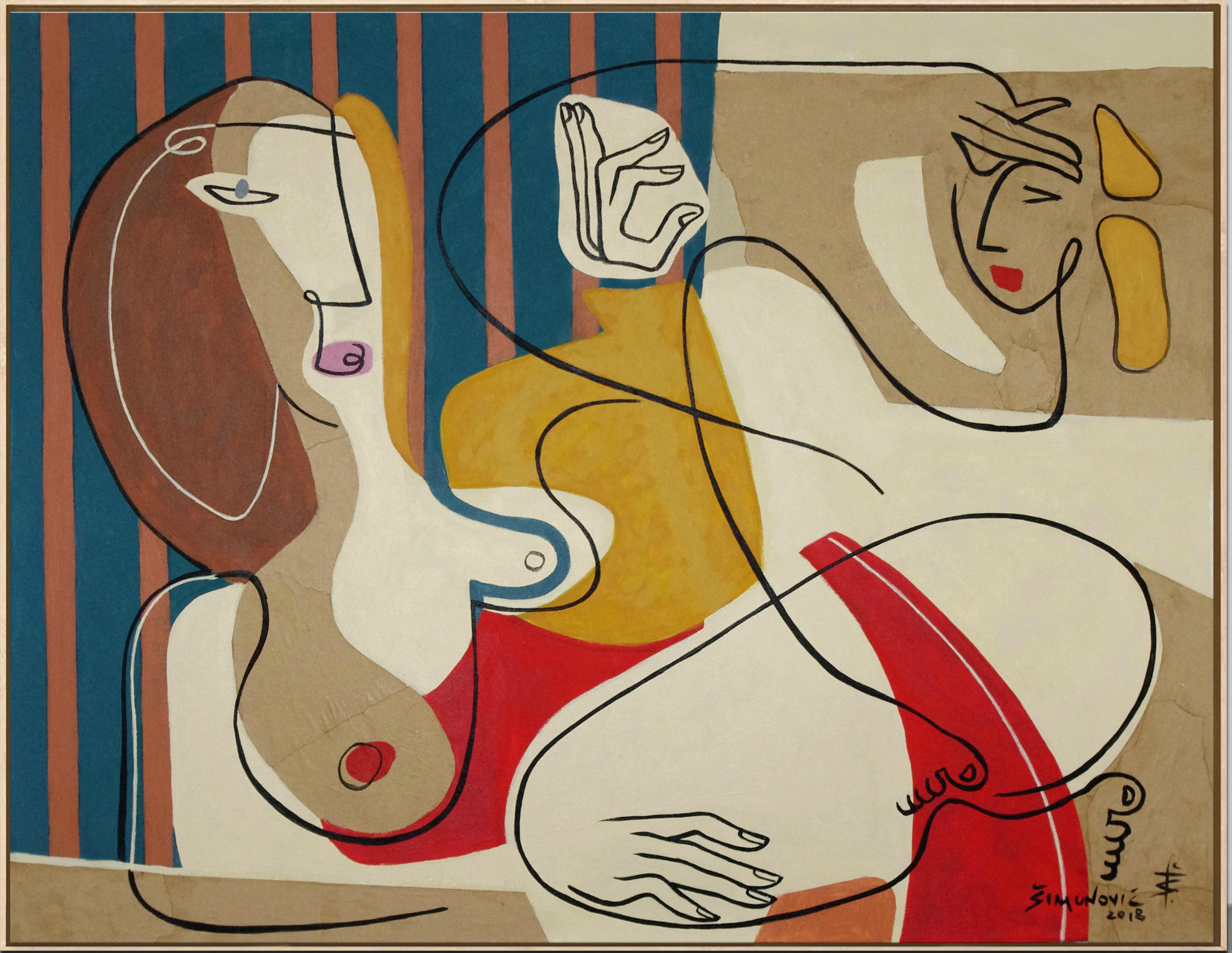 'Just Relax' by Bernard Simunovic is a wonderful modern abstract painting representing two women enjoying time passing by. Relaxed poses, soft lines, curvy body shapes, and colorful geometric shapes and forms create harmony and bring a feeling of