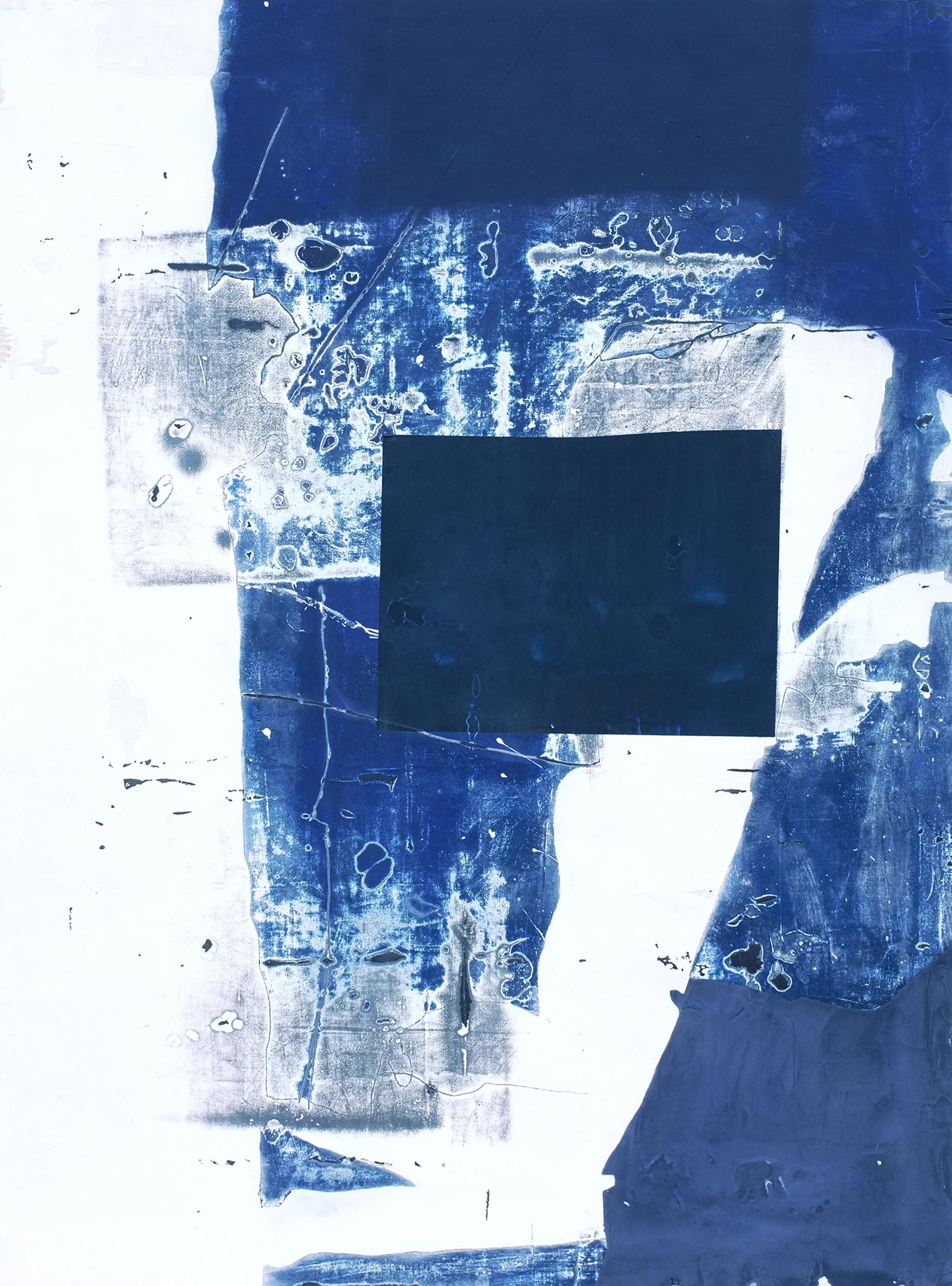 'I'm Picturing You Naked' by Antoine Puisais - soft and meditative mixed media on linen. It is an abstract collage with architectural geometrical patterns and intense blue shades. Its small size, graphic design, and relaxing color will complement