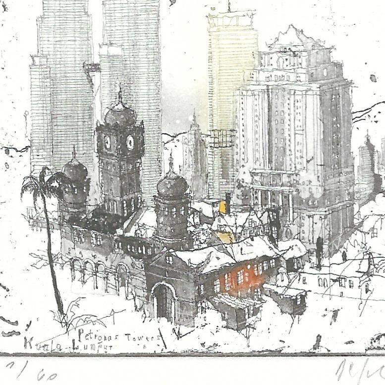 'Kuala Lumpur' by Alexander Befelein - beautiful contemporary limited edition print of the Malaysian city architecture. A graphic miniature etching has many layers of details - it's the best choice for small interiors. The print looks like a