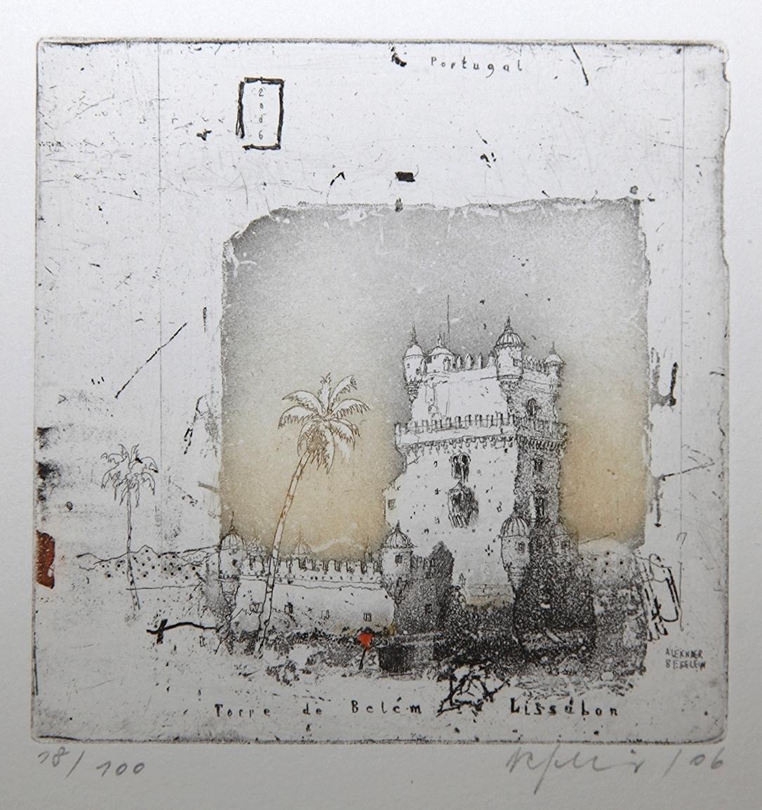 'Lisbon' by Alexander Befelein- beautiful contemporary limited edition print of the Portuguese city architecture. A graphic miniature etching has many layers of details - it's the best choice for small interiors. The print looks like a drawing, with