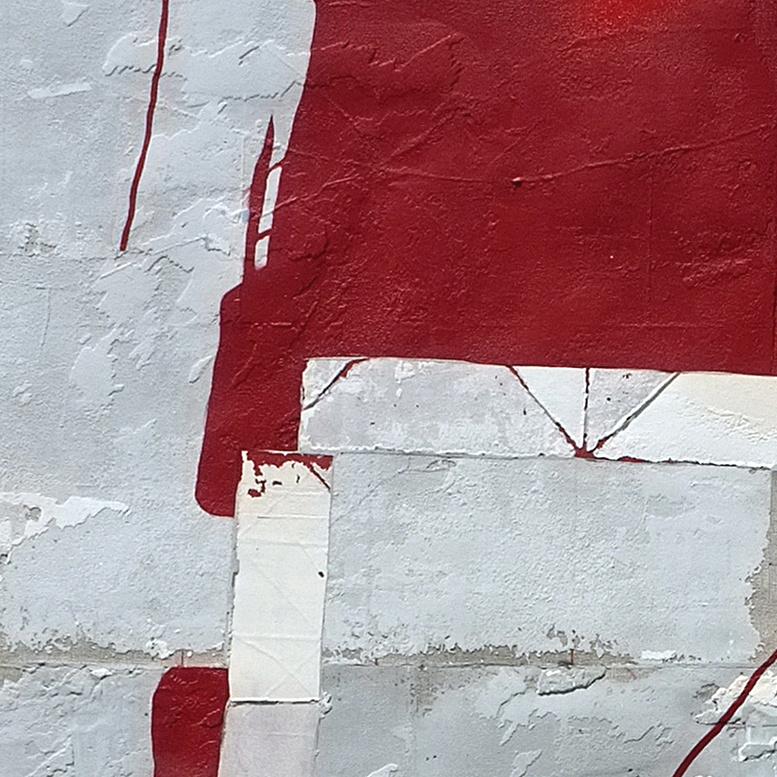 'Red shelter'  is a bright minimalist abstract mixed media painting by French artist - Antoine Puisais. It is a red contemporary art collage on canvas with a neutral design and authentic, raw aesthetic. Its beautiful monochromatic style will