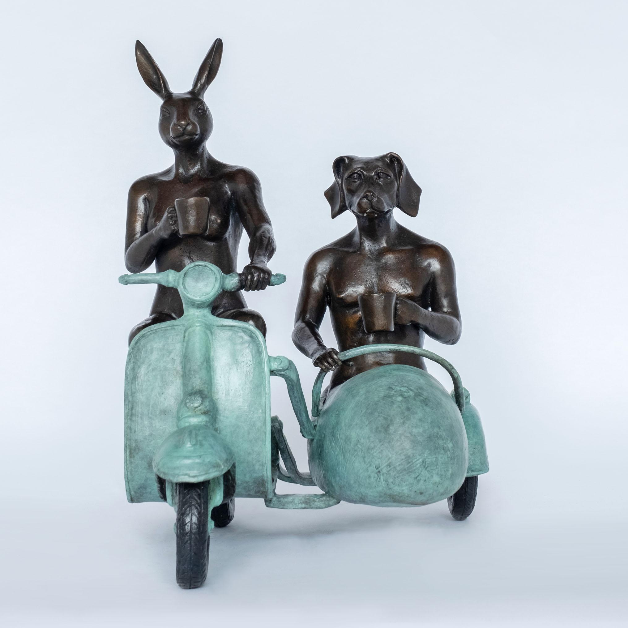 'They were always side by side' by Gillie & Marc, bronze sculpture, patina - Gold Figurative Sculpture by Gillie and Marc Schattner