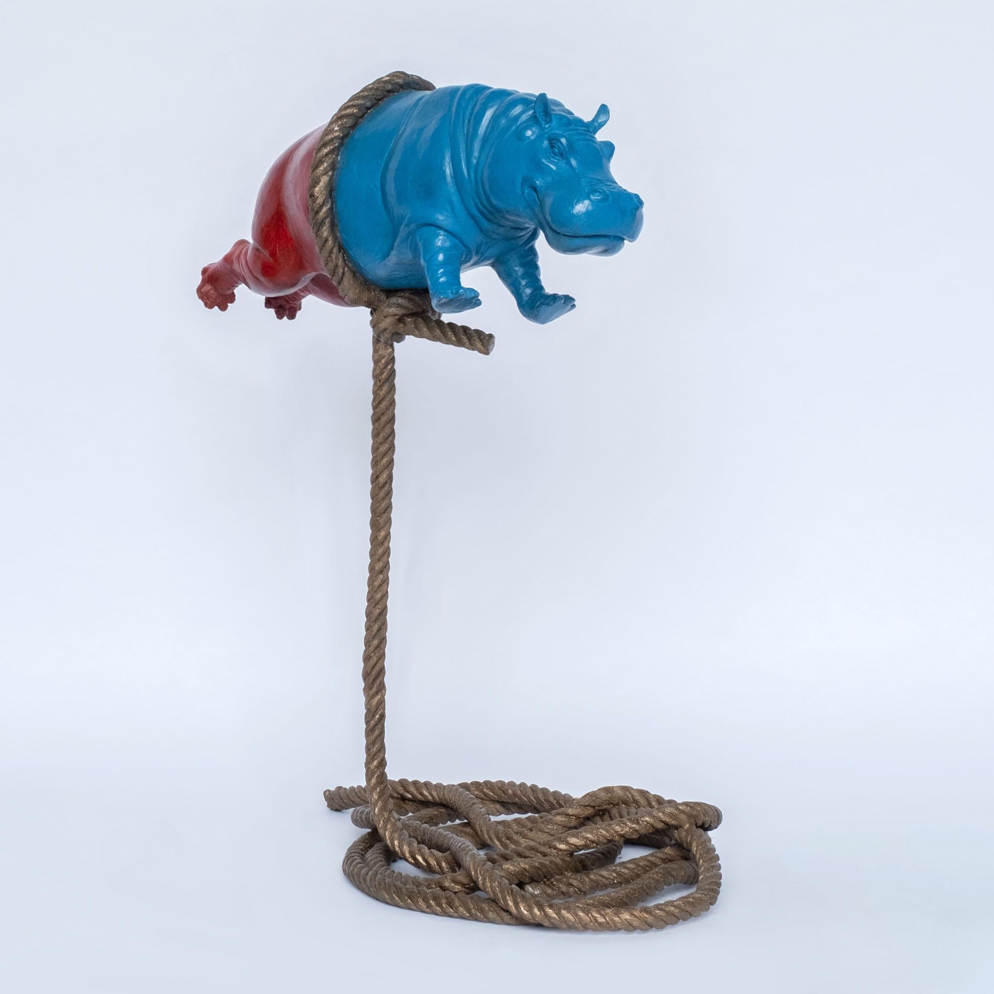 'Flying Hippo' by Gillie & Marc, bronze sculpture, patina - Pop Art Sculpture by Gillie and Marc Schattner