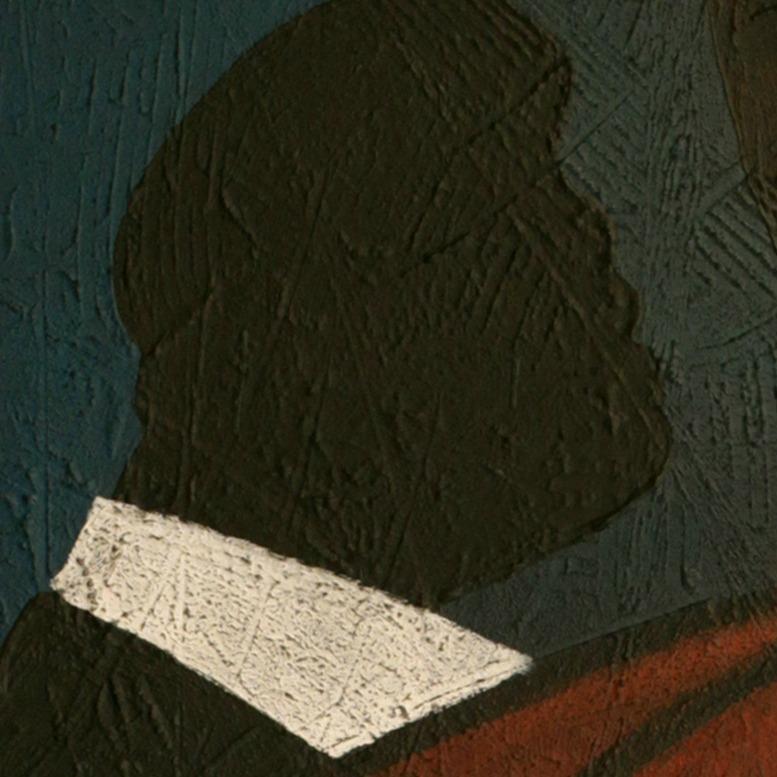 Velvet Night, Contemporary Expressionist Art Man Portrait Music Blue Red - Black Portrait Painting by Yuriy Zakordonets