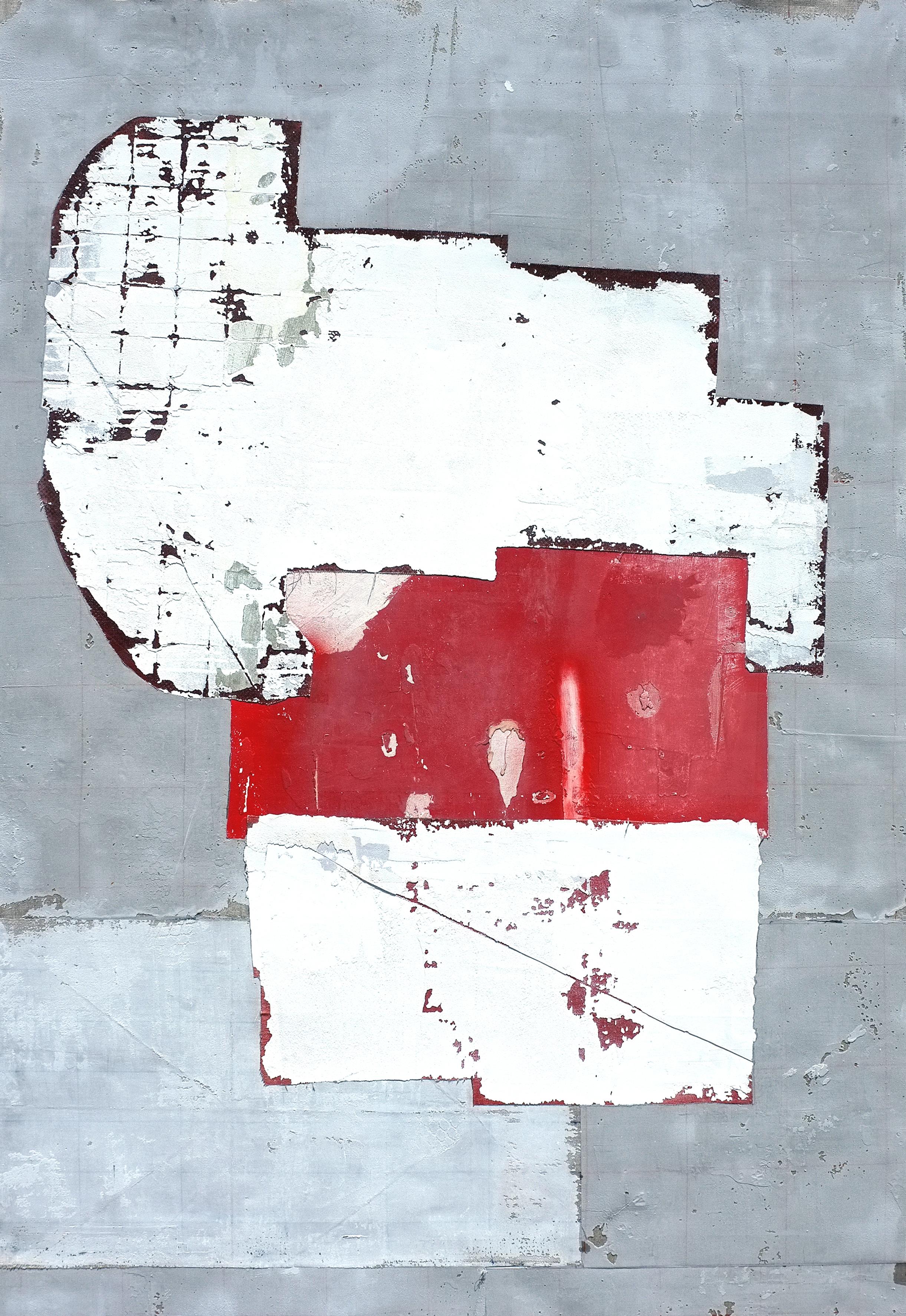 'Tree' by Antoine Puisais - wonderful mixed media on linen. It is an abstract collage with architectural geometrical patterns and bright red accents. Its small size and bright colors will complement any interior and bring more energy.

Contemporary