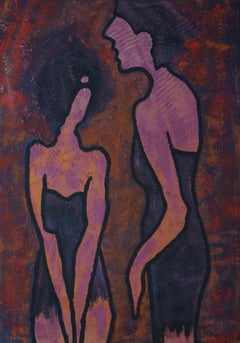 Unfortunate Debut, Abstract Woman Portrait Modern Painting Canvas Purple Blue