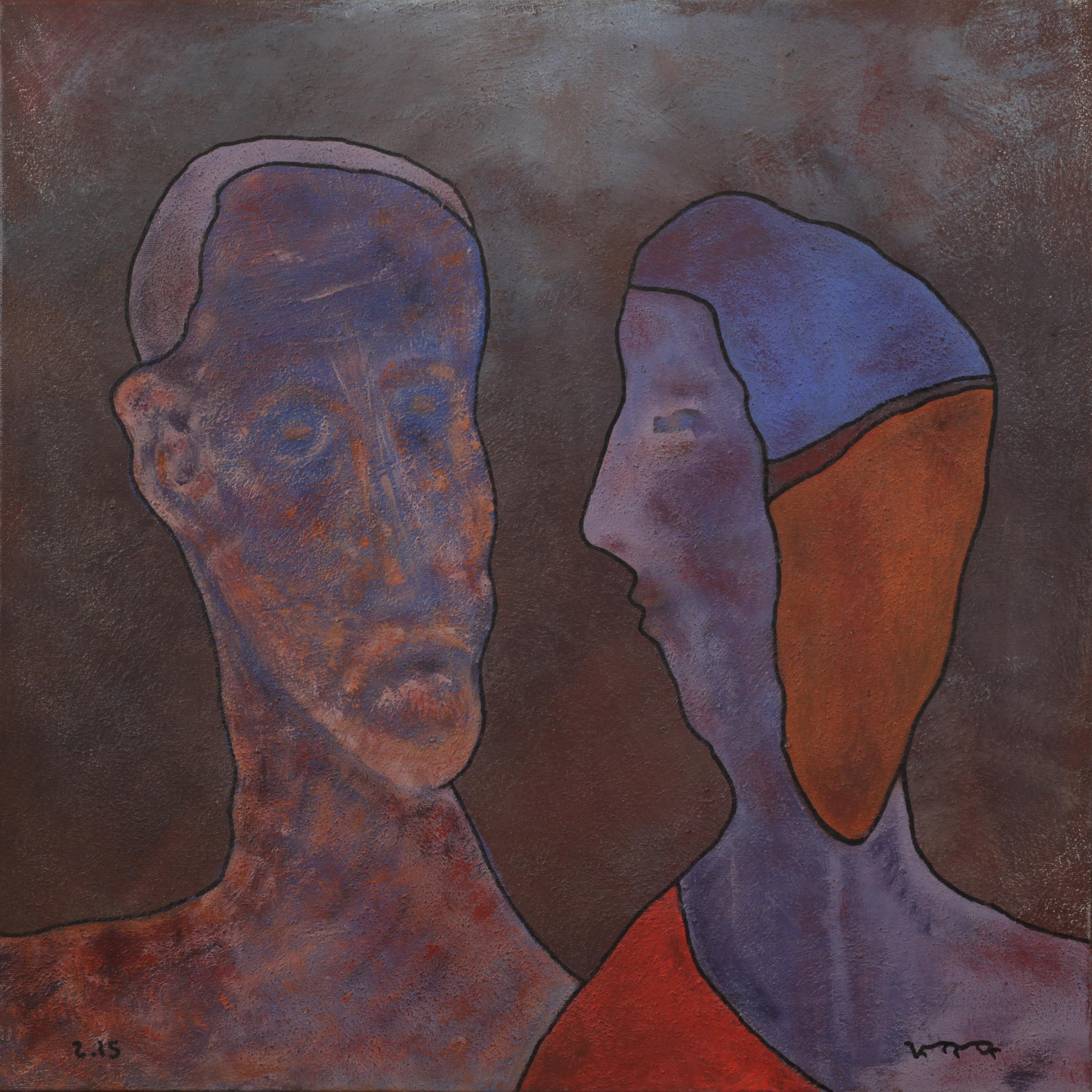 Yuriy Zakordonets Portrait Painting - Quiet Conversation, Contemporary Abstract Expressionist Art Portrait Blue Red