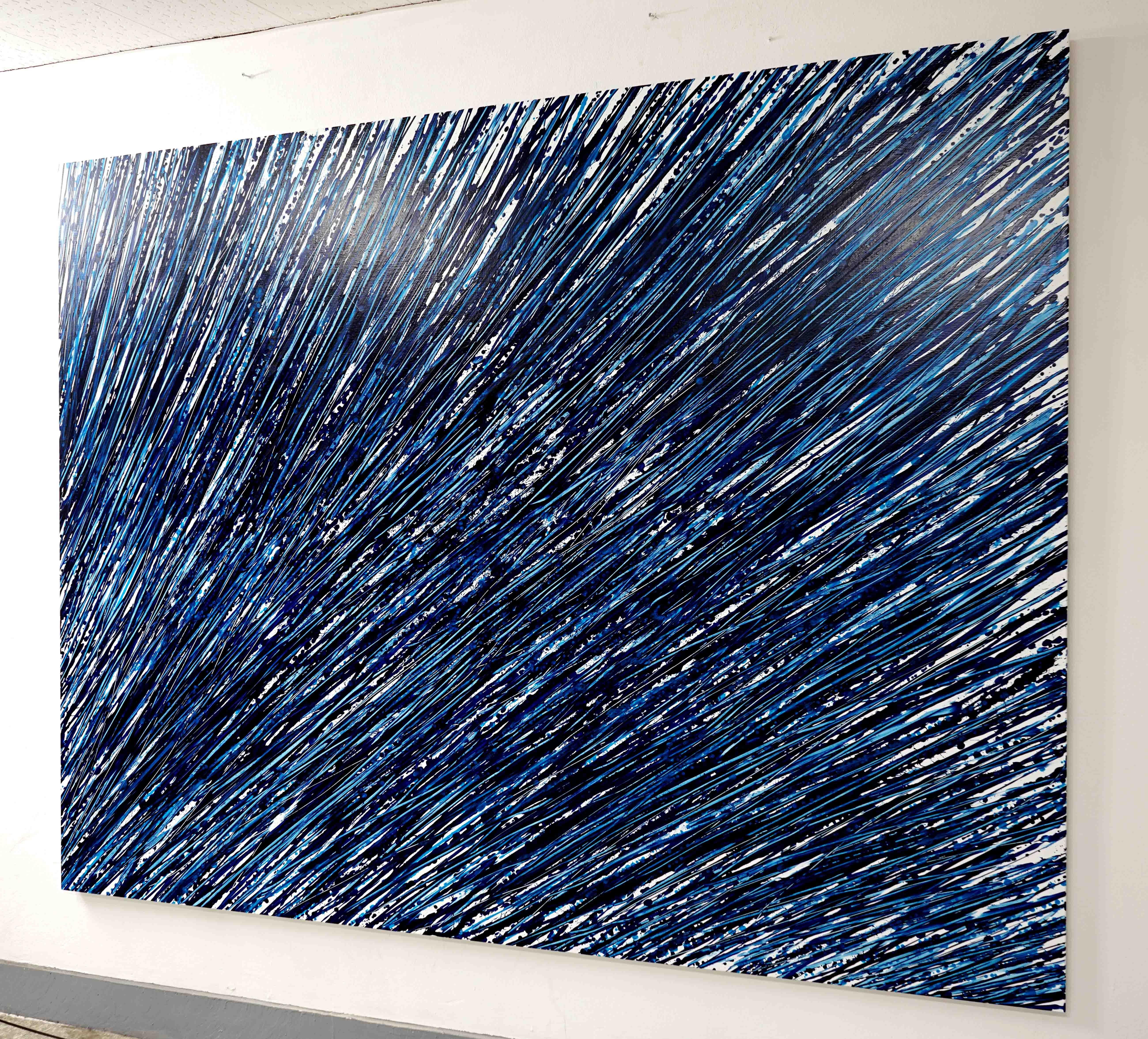 Beginning of the Stop 49-2018 is a vibrant contemporary abstract expressionist art by South Korean artist, Seungyoon Choi. It is a large oil painting on canvas with a strong blue and black color aesthetic and expressive brush strokes. A dynamic