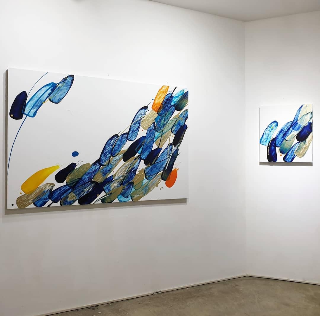 Beginning of the Stop 6-2019 is a vibrant contemporary abstract expressionist art by South Korean artist, Seungyoon Choi. It is a large oil painting on canvas with a strong blue and yellow color aesthetic and expressive brush strokes. A dynamic
