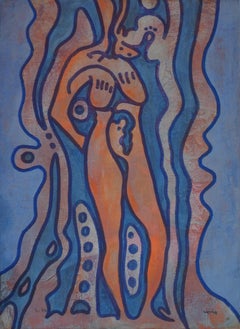 Body, Contemporary Abstract Art Painting Expressionist Blue Orange Female Woman
