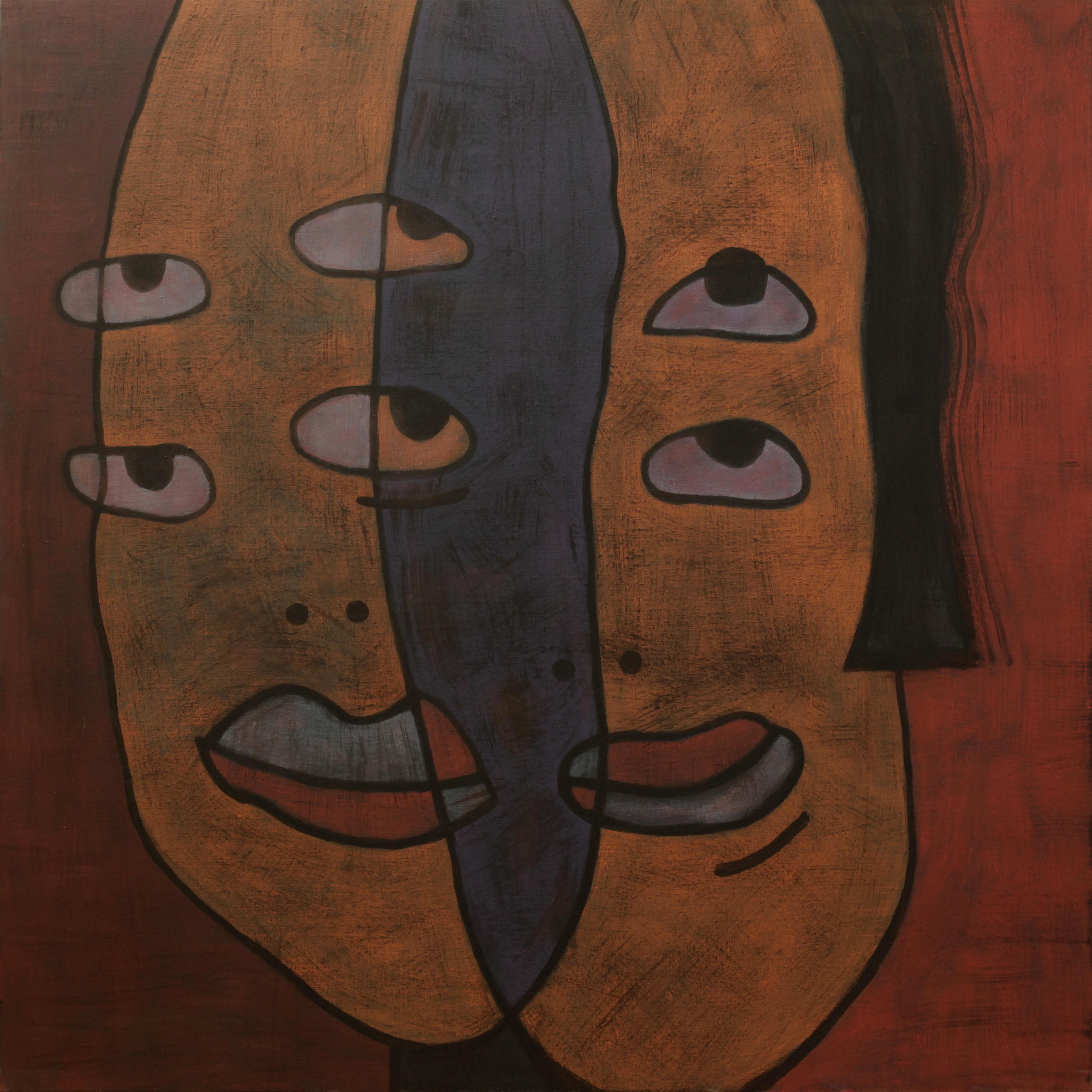 Yuriy Zakordonets Portrait Painting - Point of View, Modern Abstract Art Portrait Canvas Orange Blue Face Geometric