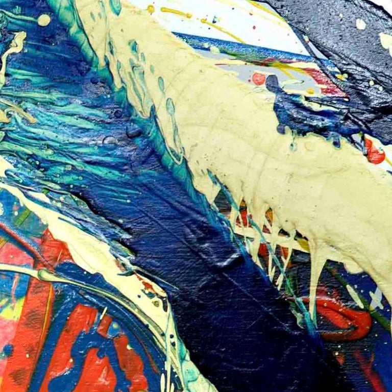 Our boundaries is a vibrant contemporary abstract expressionist art by South Korean artist, Seungyoon Choi. It is a large oil painting on canvas with a strong blue and golden color aesthetic and expressive brush strokes. A dynamic artwork bringing