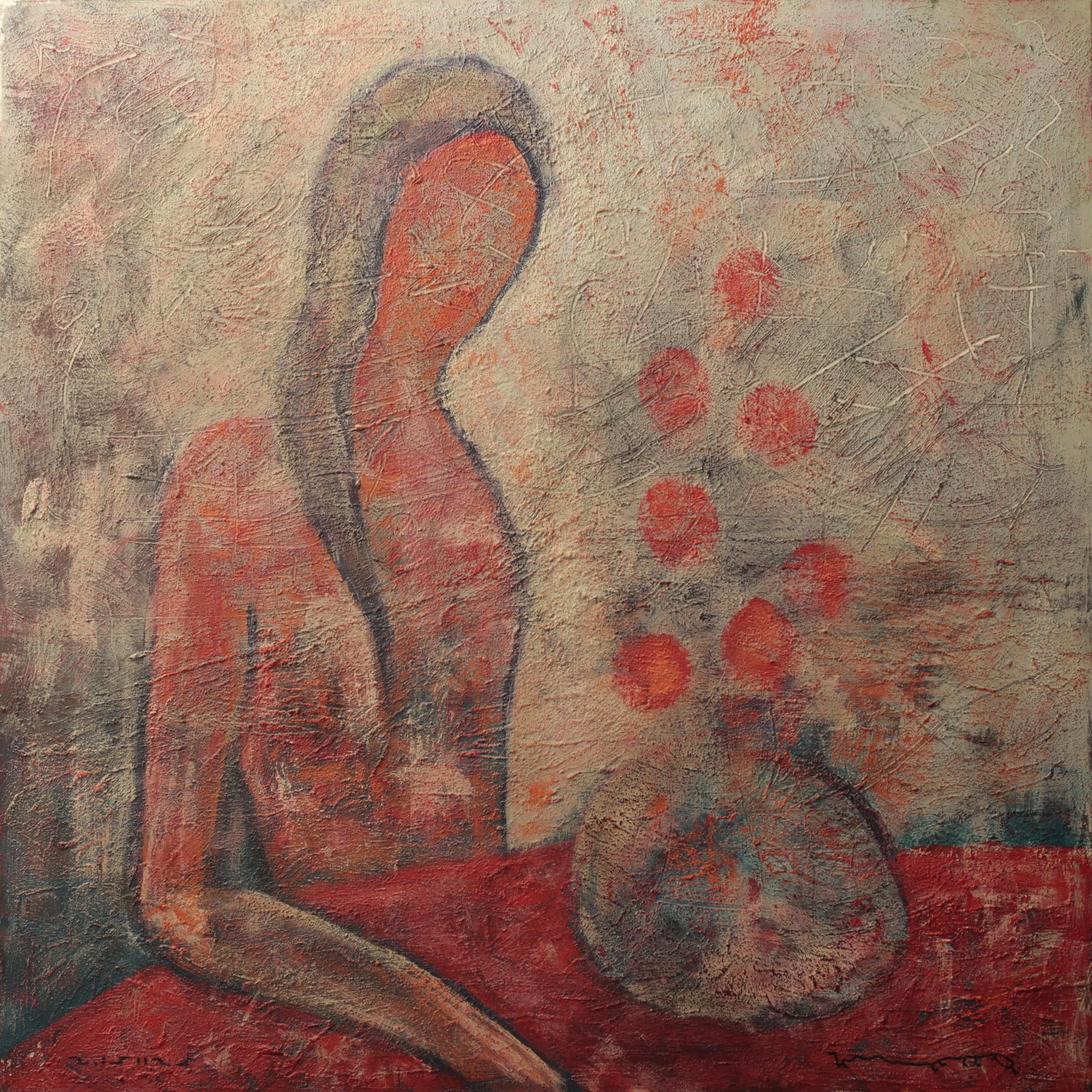 Yuriy Zakordonets Figurative Painting - Martha. 29 years old, Modern Abstract Expressionist Woman Portrait Red Orange