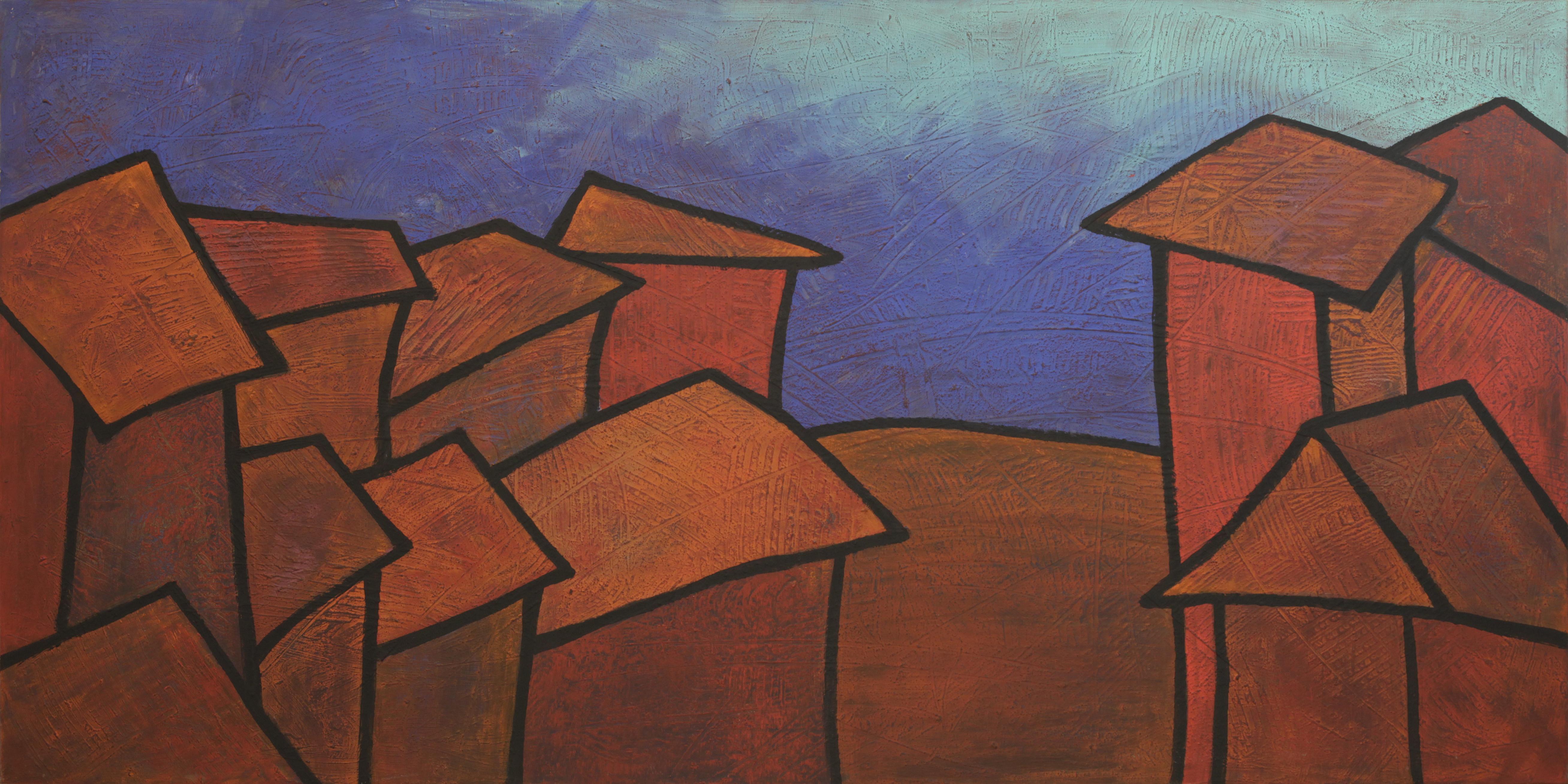 Yuriy Zakordonets Landscape Painting - Real Estate, Modern Abstract Art Painting Canvas Minimalist Orange Blue