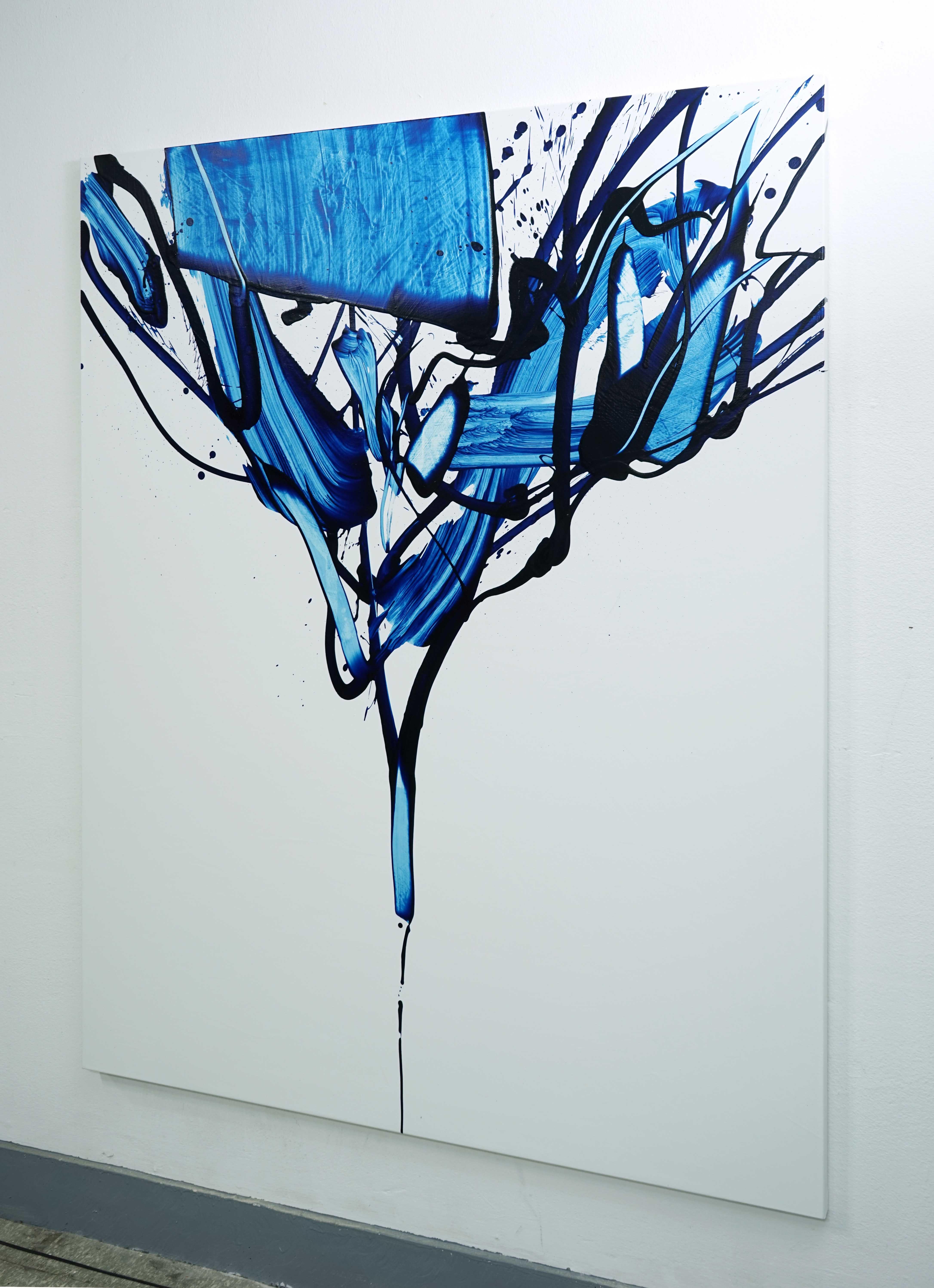 Beginning of the stop 2-2019 is a vibrant contemporary abstract expressionist art by South Korean artist, Seungyoon Choi. It is a large oil painting on canvas with a strong blue and white color aesthetic and expressive brush strokes. A dynamic