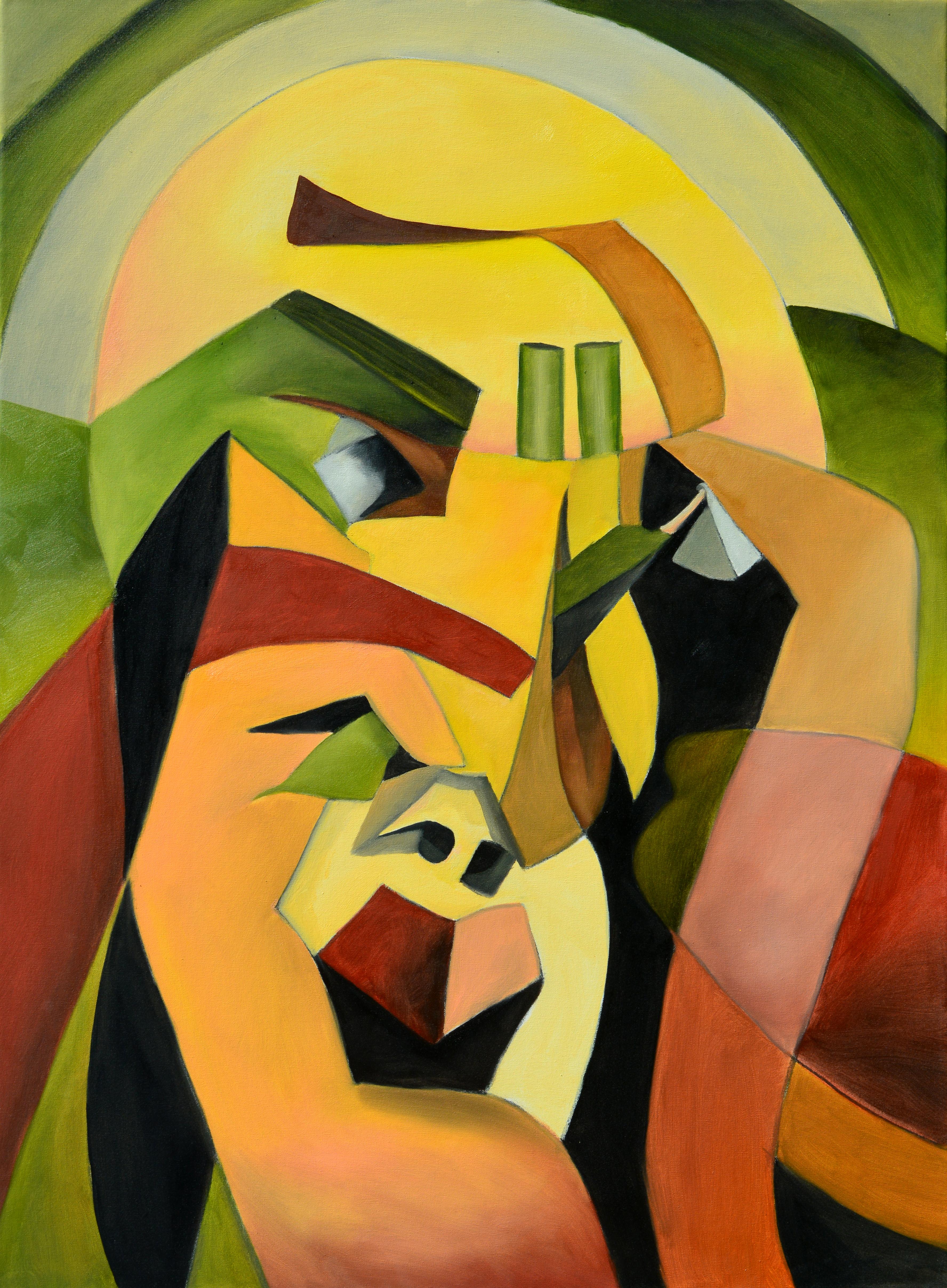 Rolando Duartes Figurative Painting - The Thinker, Modern Abstract Portrait Painting Canvas Figurative Yellow Art