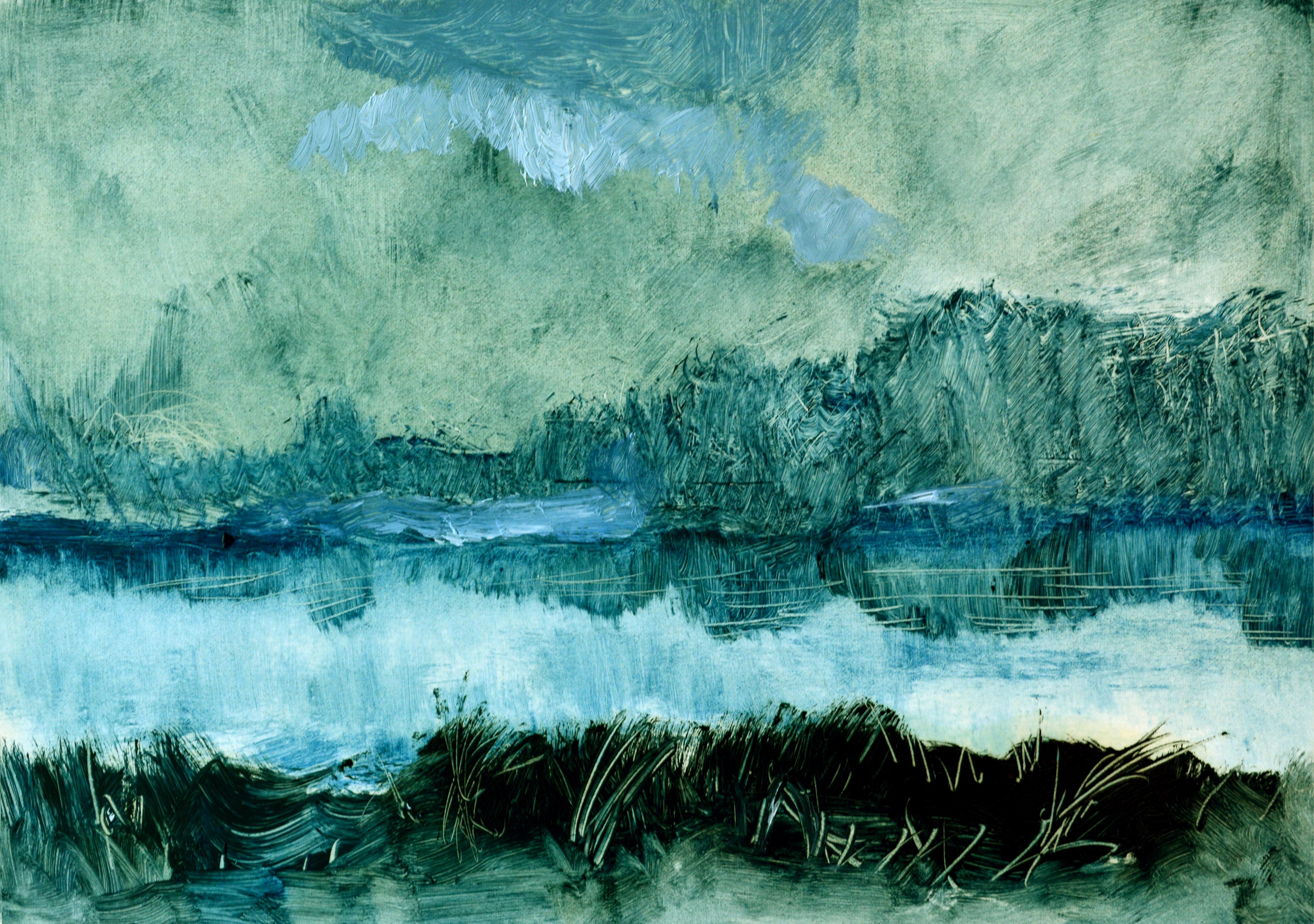 Rolando Duartes Landscape Painting - Unknown Landscape, Contemporary Abstract Oil Painting Paper Blue Green Nature