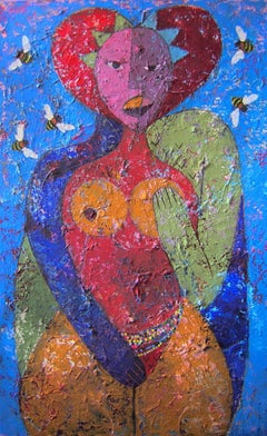 Love Triangle, Mwamba Mulangala, Colorful Abstract, Female Portrait, African Art