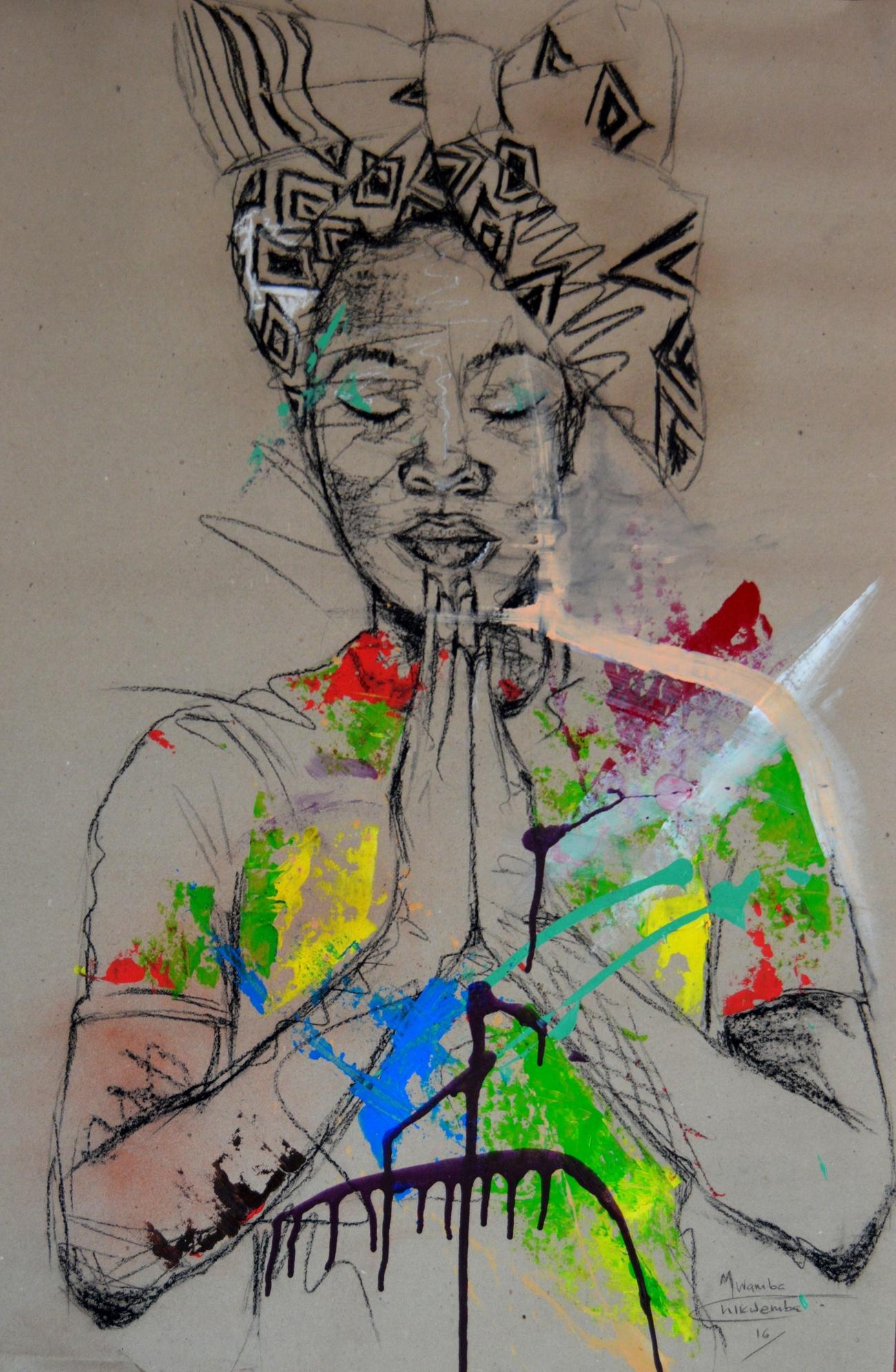 'Women's Identity X' by Mwamba Chikwemba meditative portrait of a black woman holding her hands together in prayer pose. The artist focuses on subjects of femininity, authenticity, identity, and richness of black culture. Her models are often