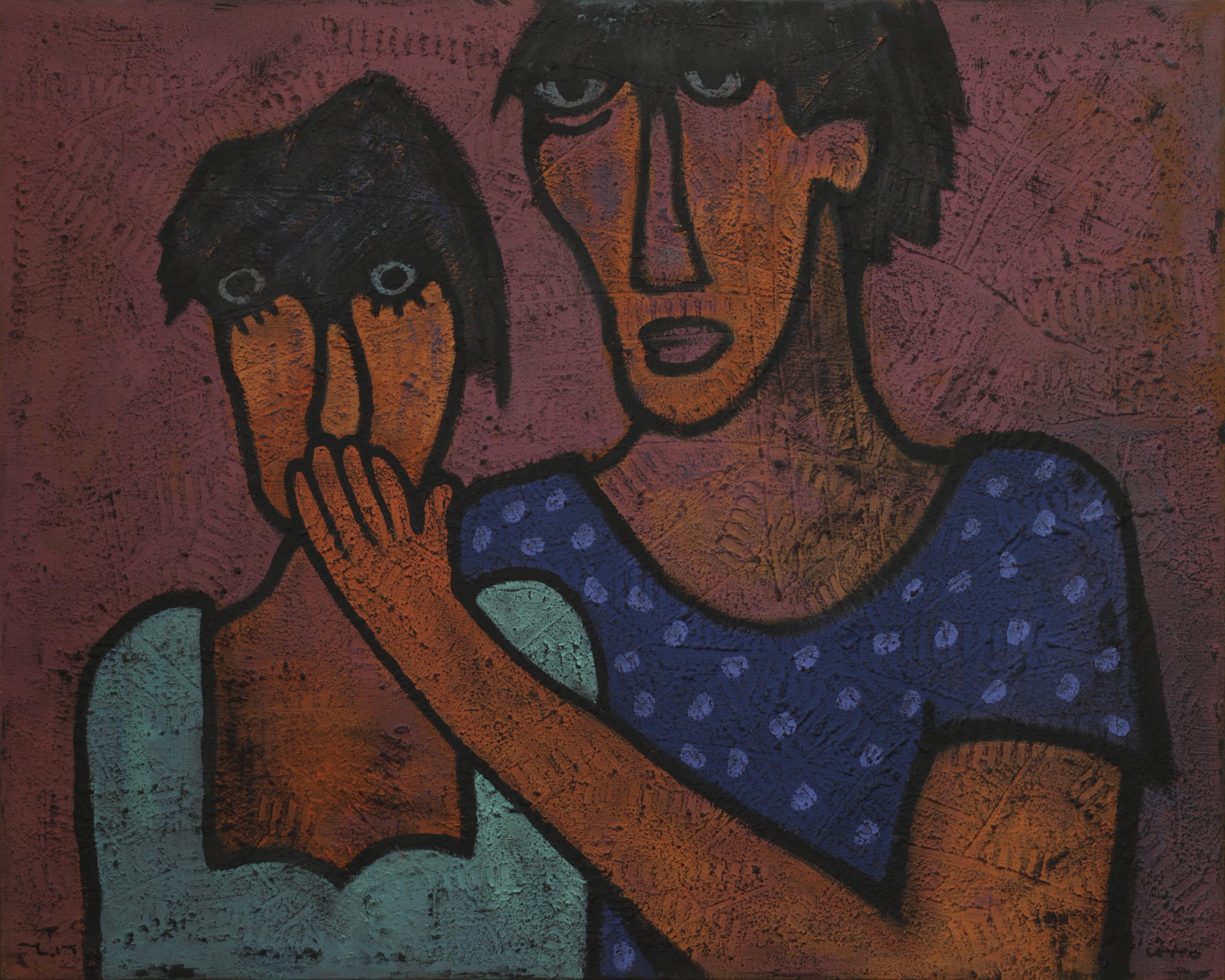 Yuriy Zakordonets Figurative Painting - Slow Silence, Contemporary Expressionist Painting Portrait Purple Blue Orange