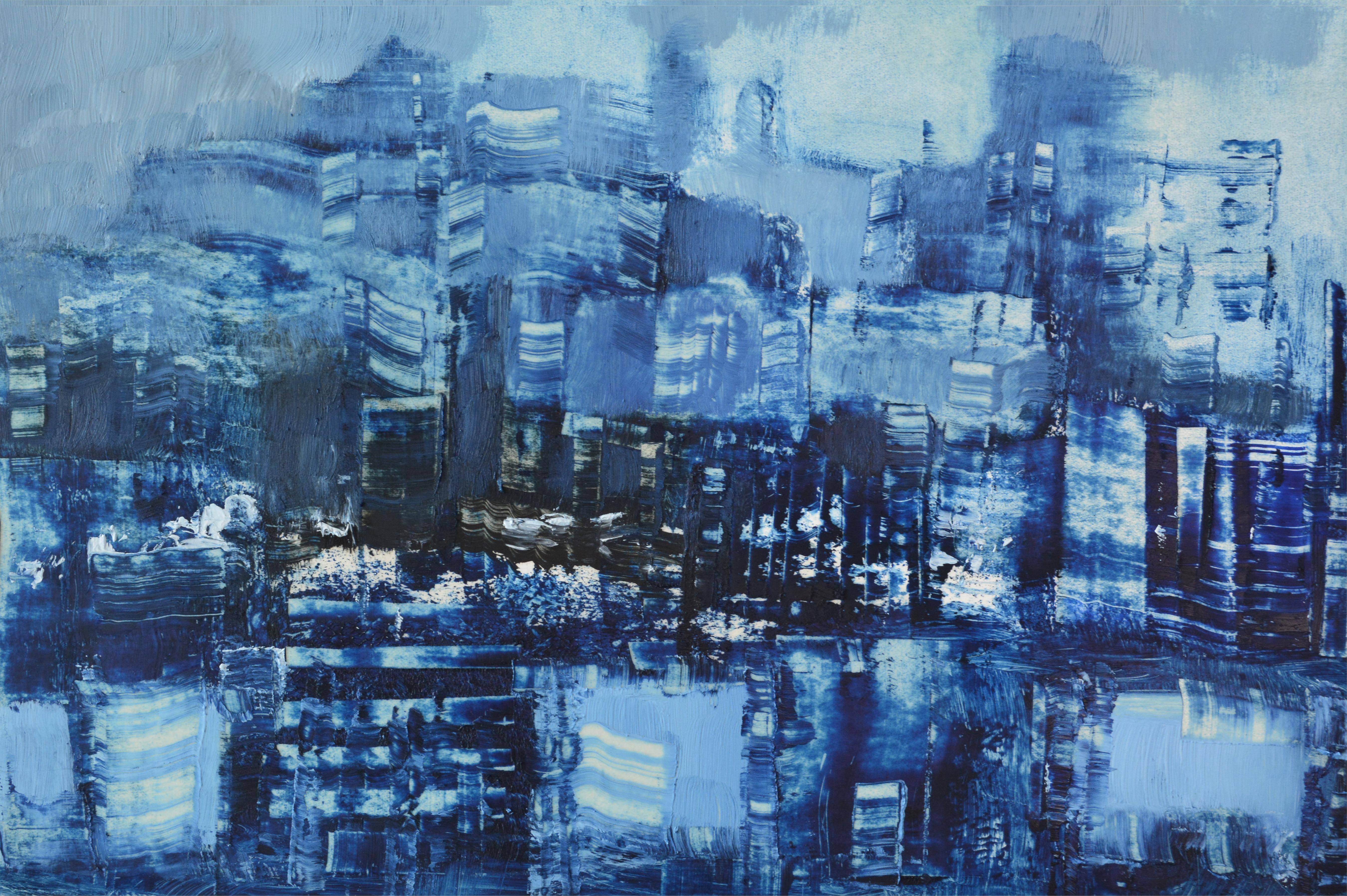 Rolando Duartes Landscape Painting - Unknown City, Contemporary Abstract Oil Painting Paper Blue City Architecture