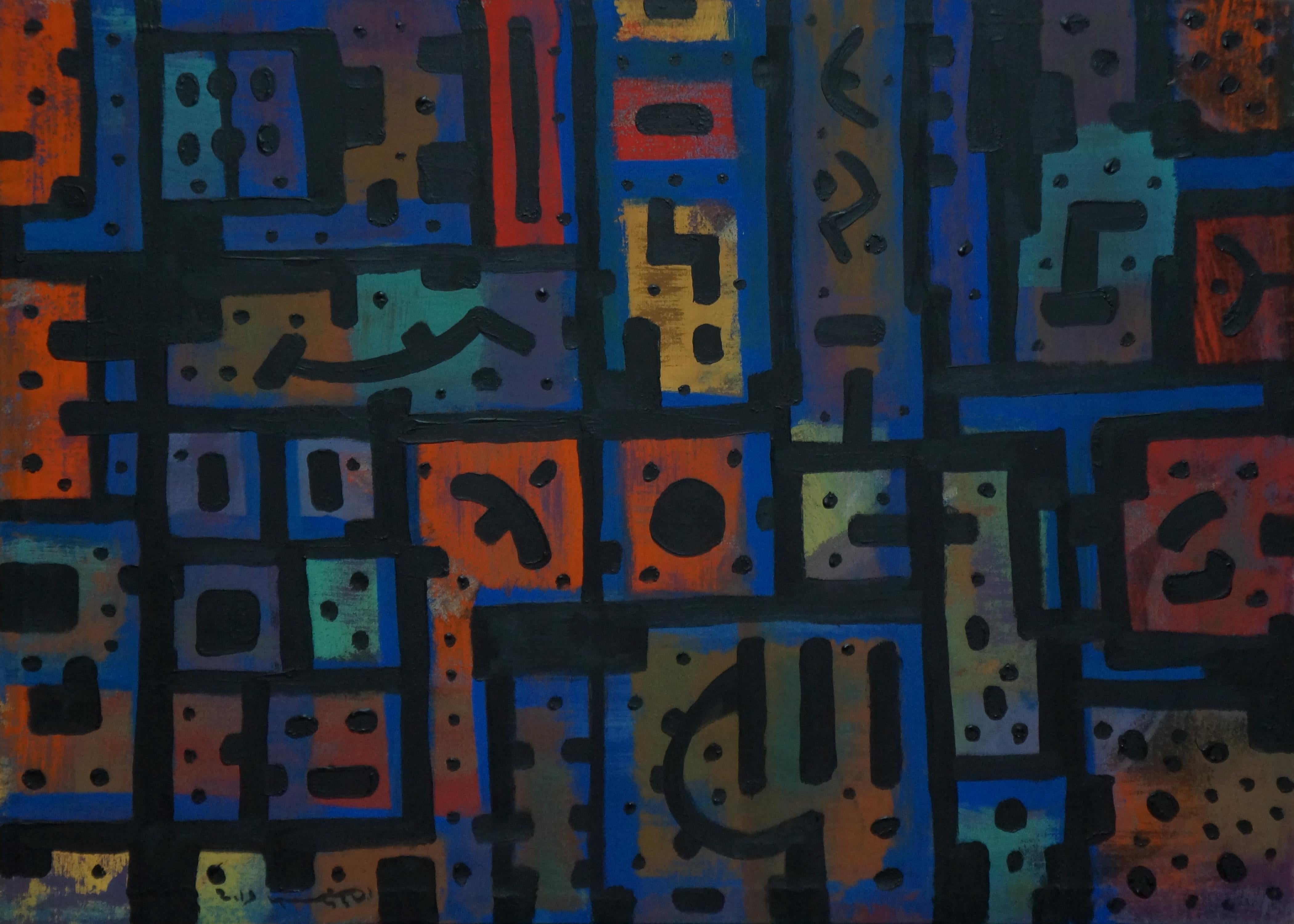 Yuriy Zakordonets Abstract Painting - Psycho, Contemporary Abstract Expressionist Art Painting Blue Orange Geometric