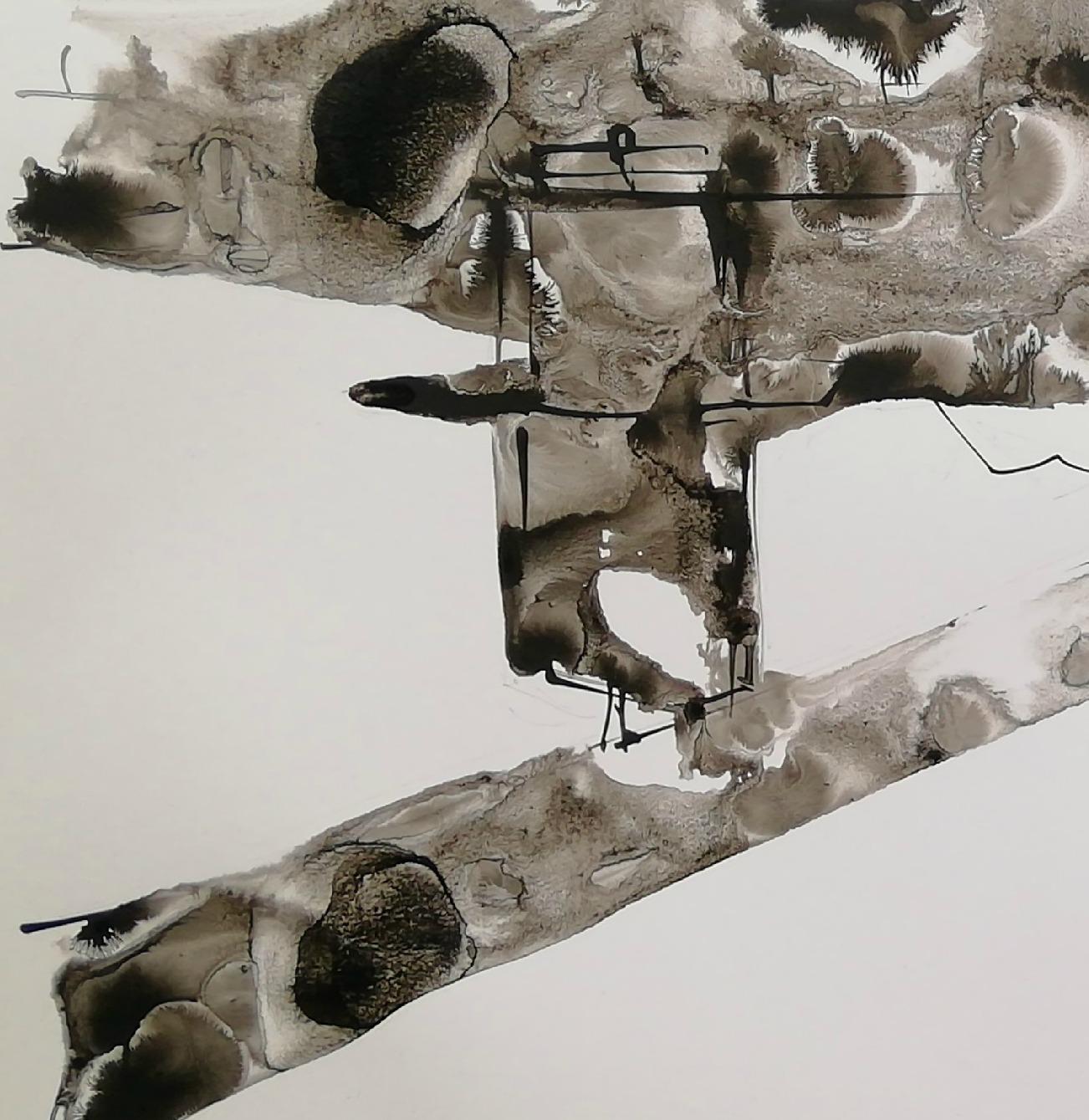 'Karlovac's Grey' is a stunning contemporary abstract ink painting on cardboard by Croatian emerging artist - Alfred Freddy Krupa. It is an expressionist landscape artwork showing Banjia bridge over Kupa river with a traditional Japanese calligraphy