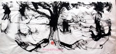 On the Bank of the Korana River, Abstract Expressionist Ink Painting Paper Black