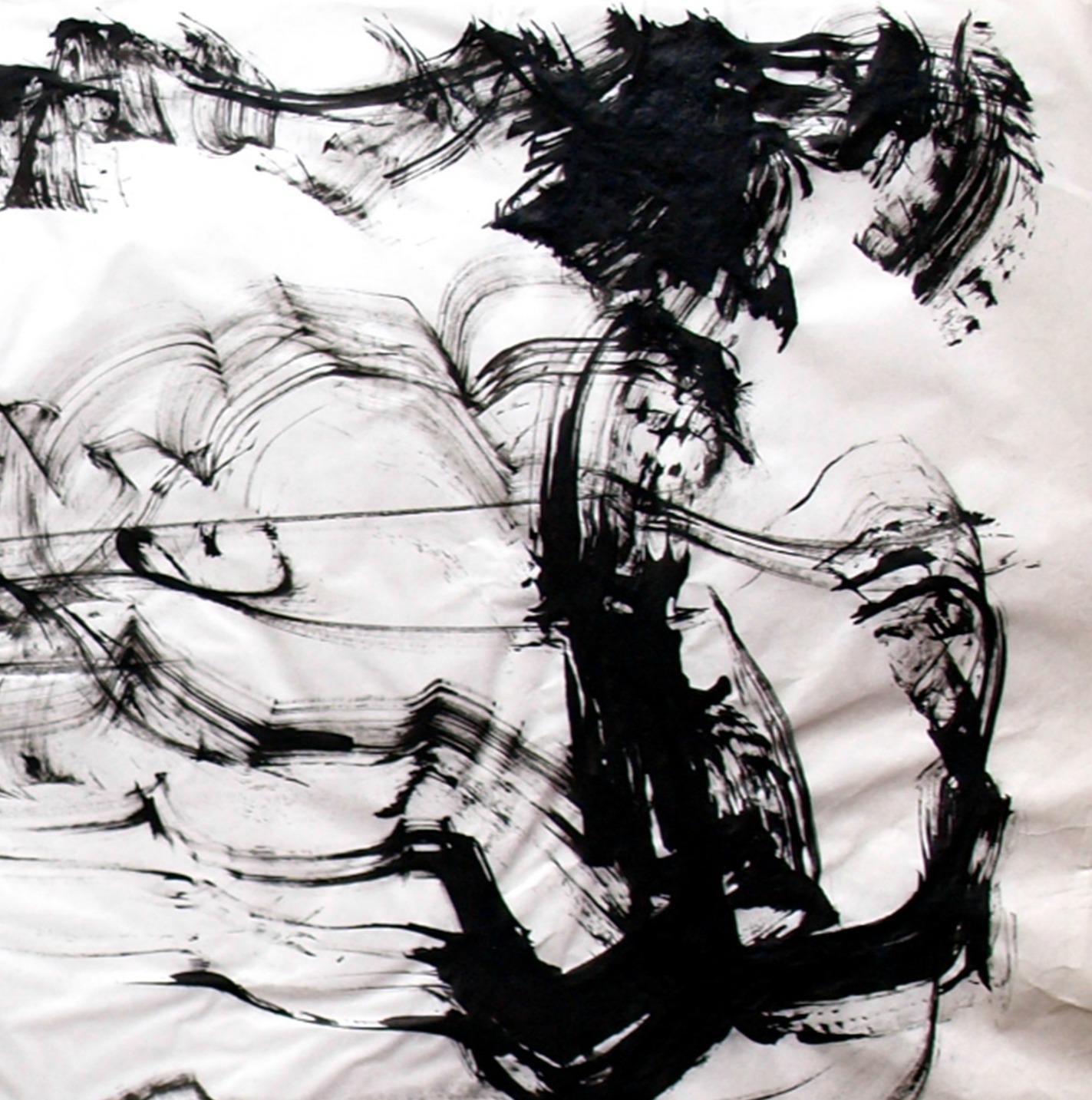 On the Bank of the Korana River, Abstract Expressionist Ink Painting Paper Black For Sale 1