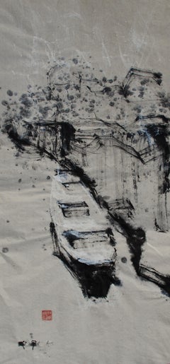 The Boat, the Snow, the River, Ink Painting Paper Abstract Expressionist Black